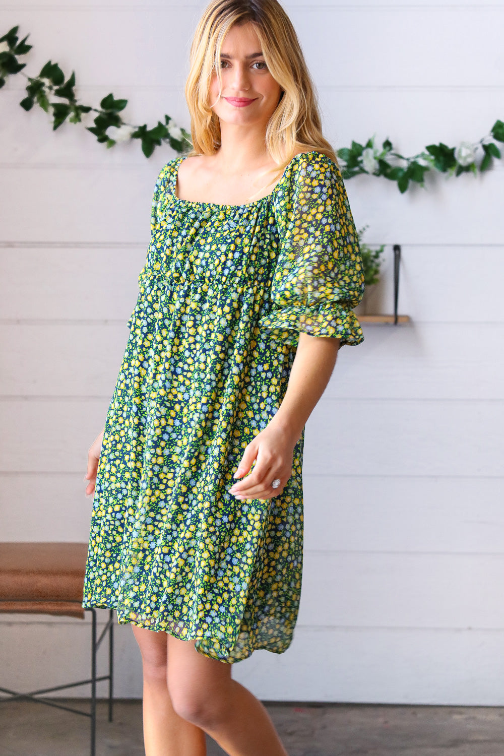 Green & Navy Ditsy Floral Chiffon Lined Dress