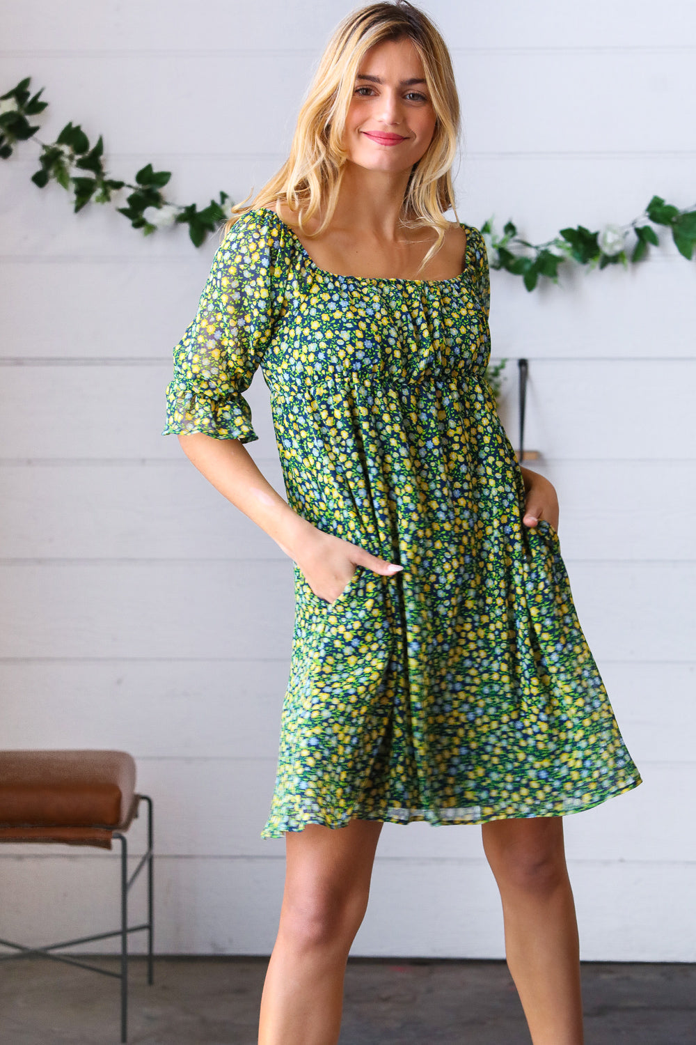 Green & Navy Ditsy Floral Chiffon Lined Dress