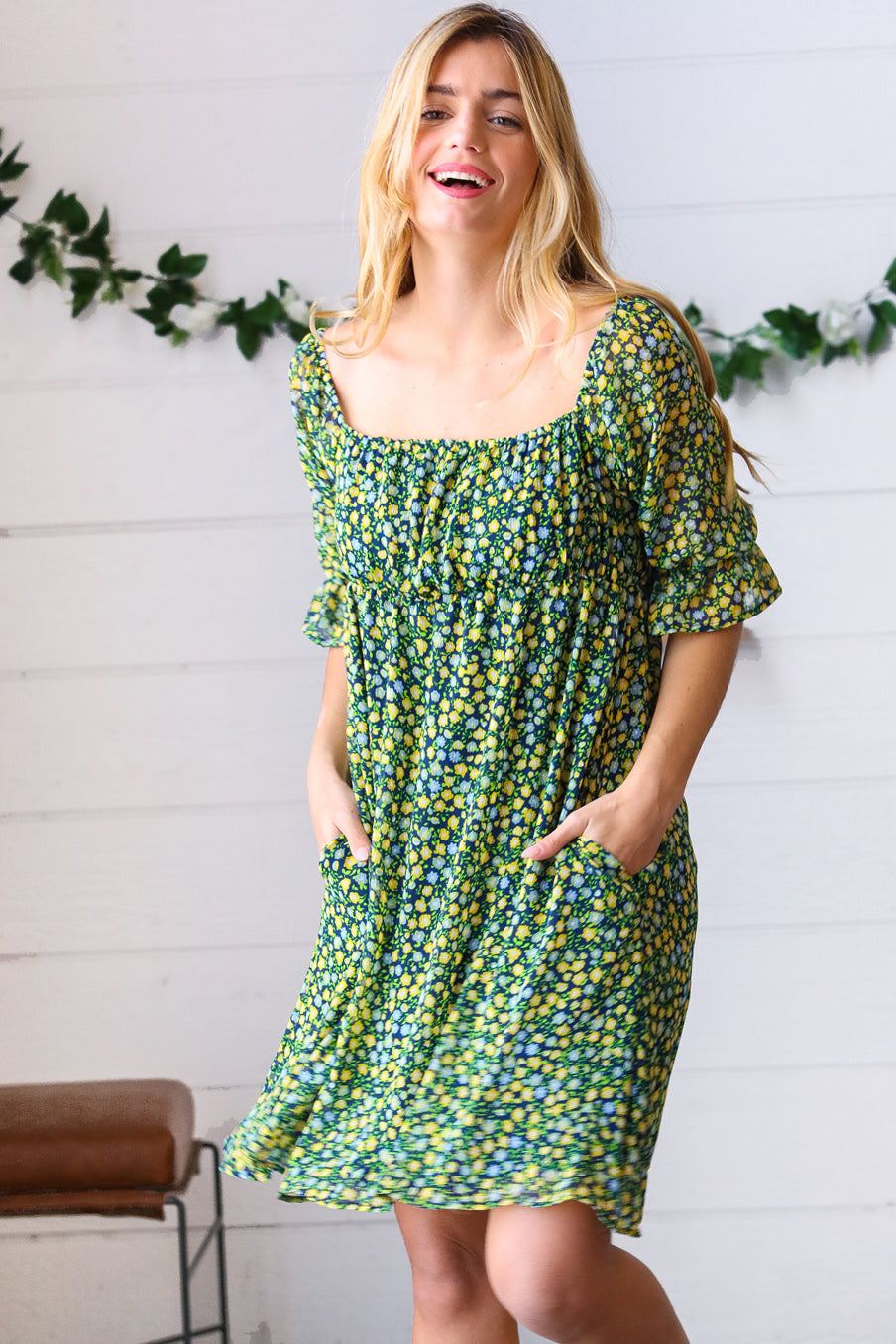 Green & Navy Ditsy Floral Chiffon Lined Dress