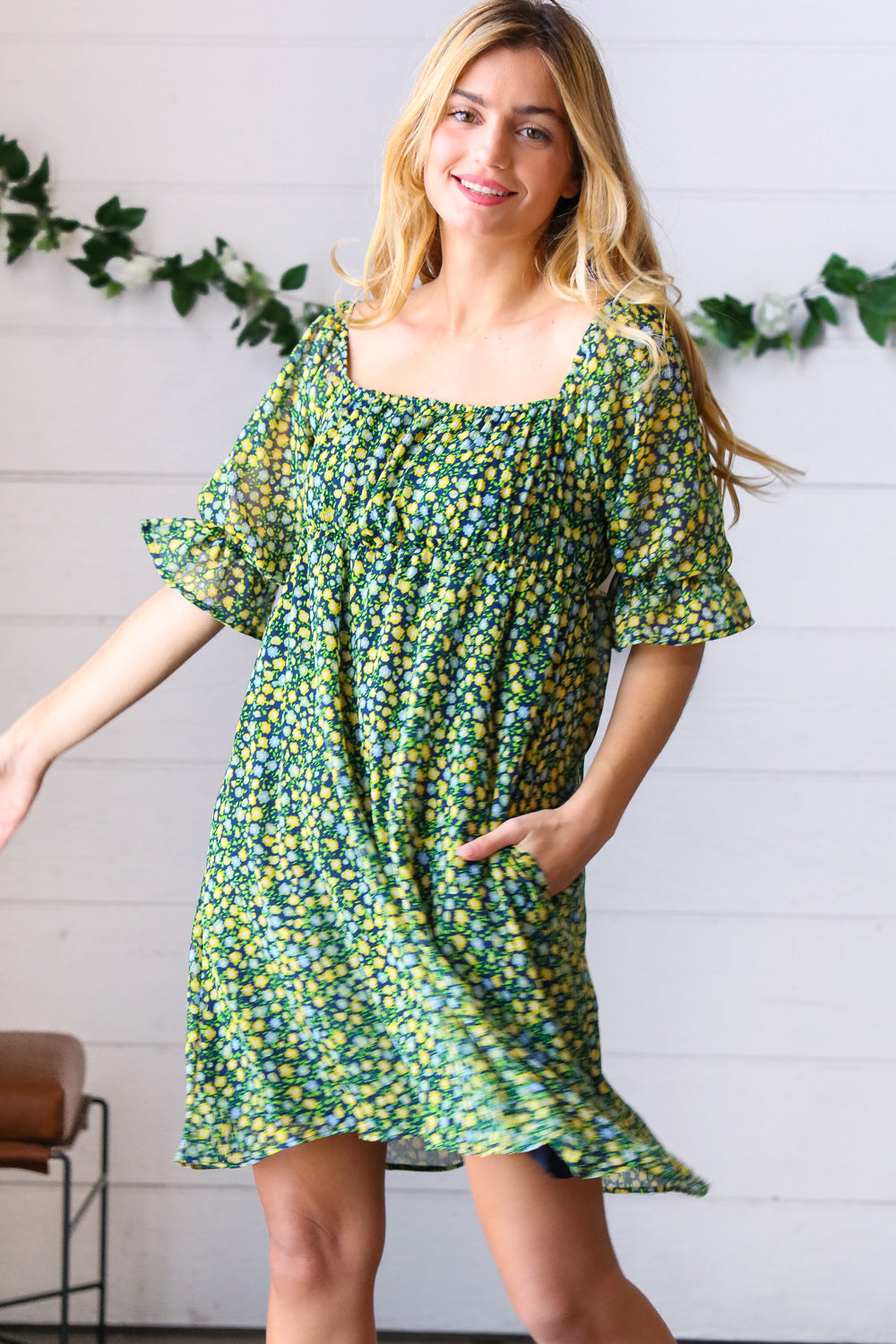 Green & Navy Ditsy Floral Chiffon Lined Dress