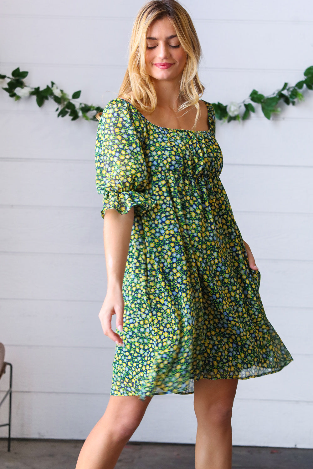 Green & Navy Ditsy Floral Chiffon Lined Dress