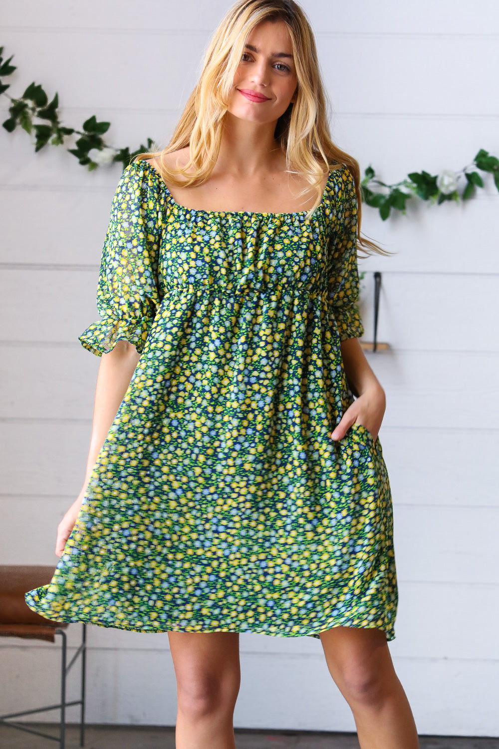 Green & Navy Ditsy Floral Chiffon Lined Dress