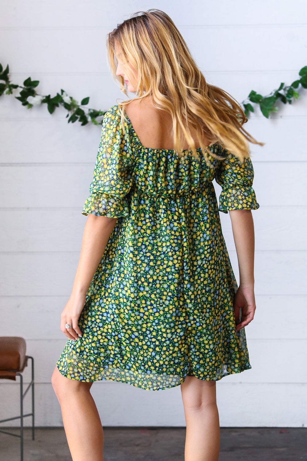 Green & Navy Ditsy Floral Chiffon Lined Dress