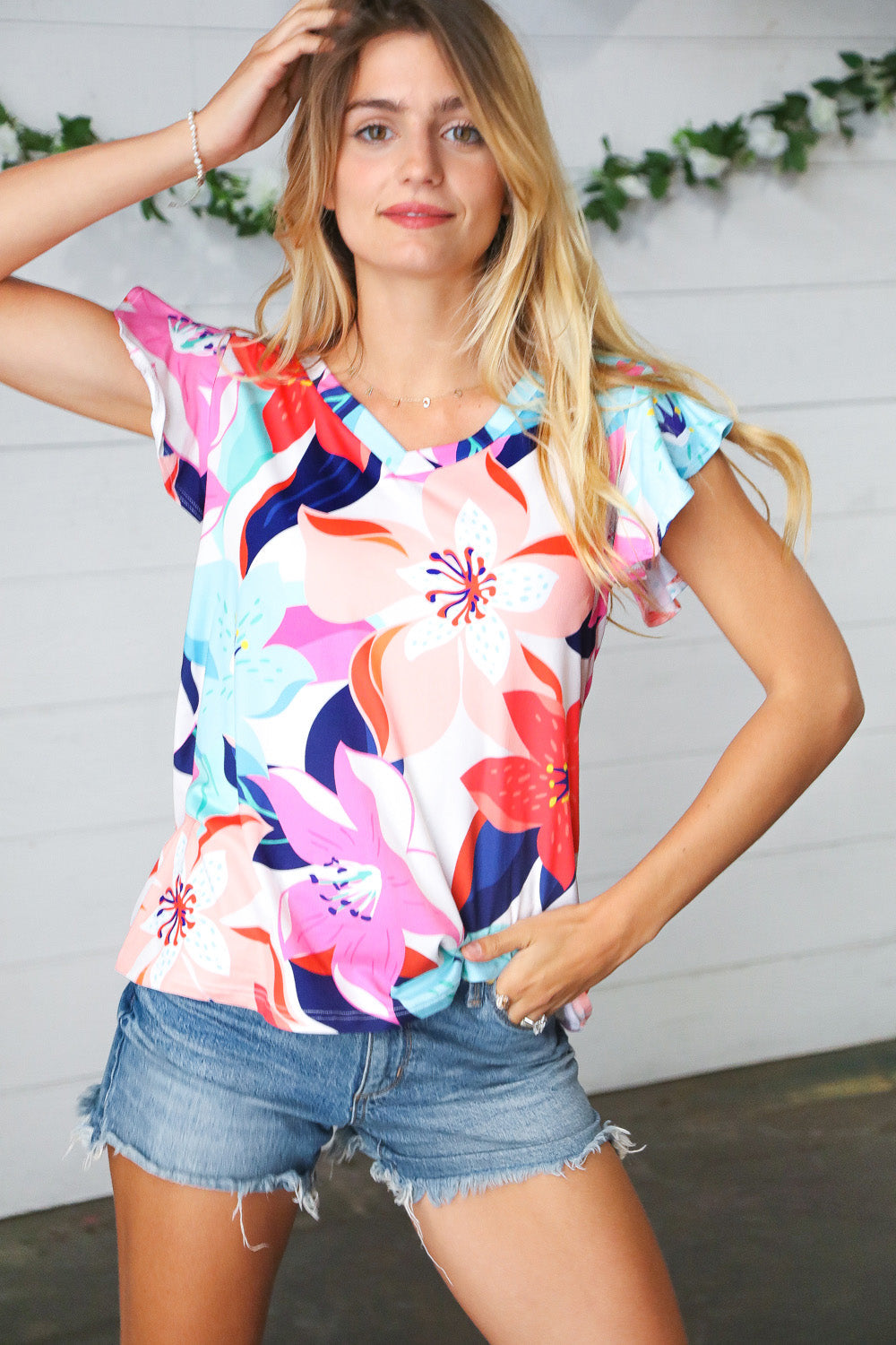 Multicolor Tropical Floral Print Flutter Sleeve Top