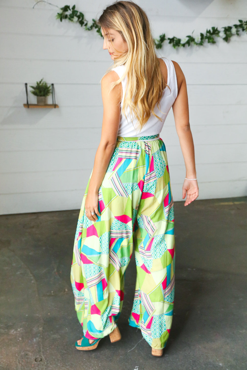 Fushcia & Green Boho Wide Leg Tie Waist Twofer Jumpsuit