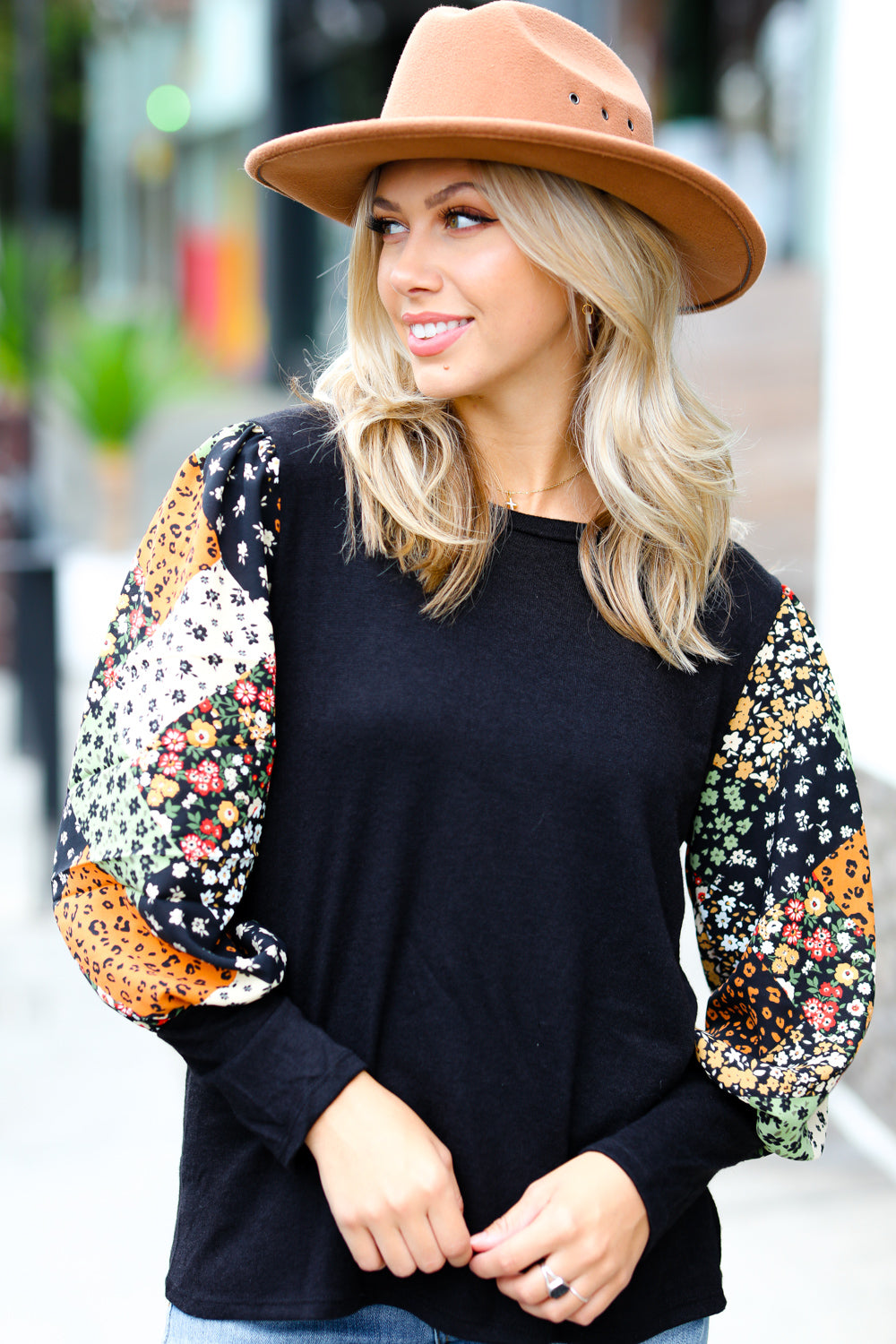 Black Floral & Animal Print Bubble Sleeve Hacci Top