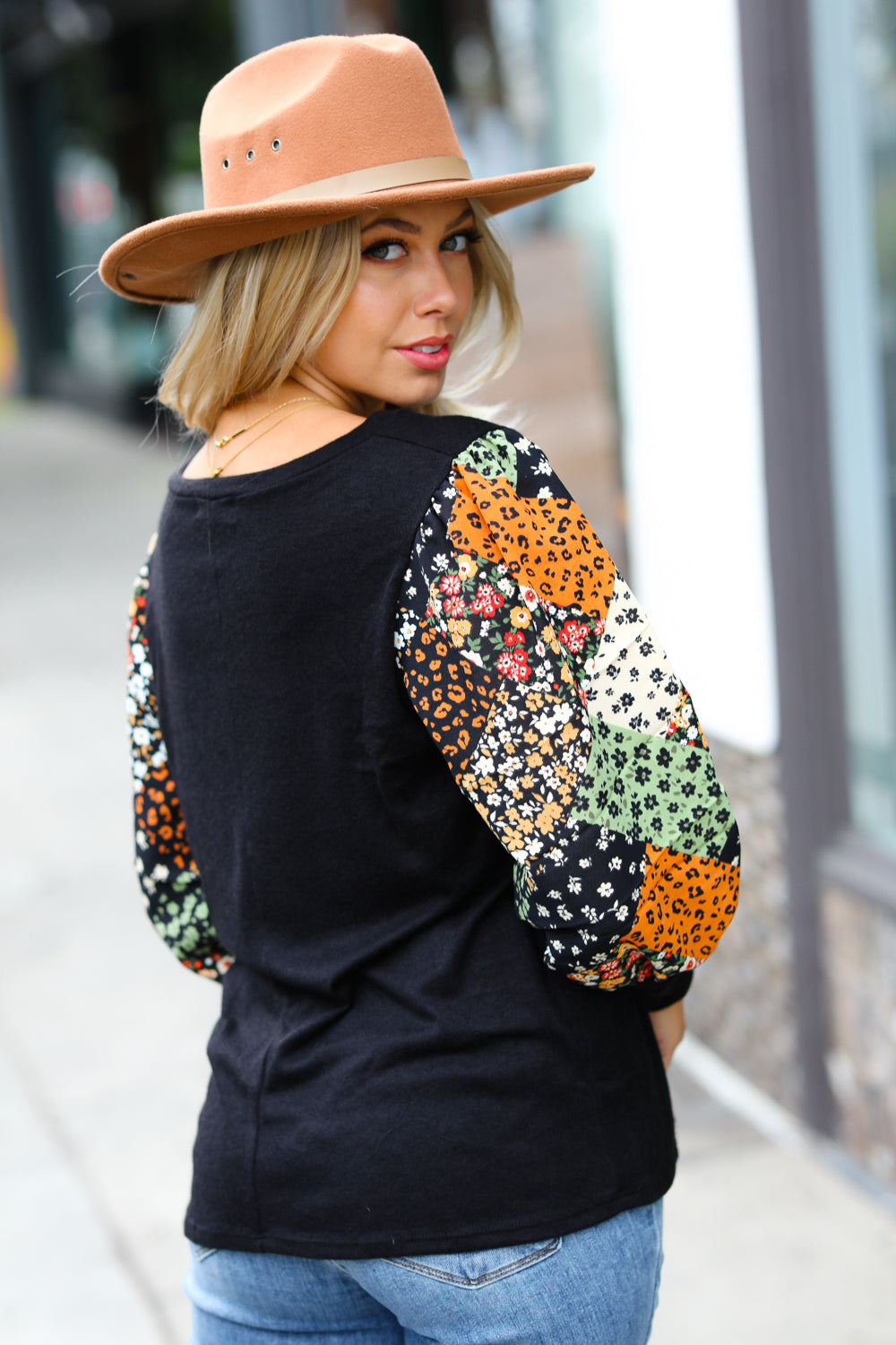 Black Floral & Animal Print Bubble Sleeve Hacci Top