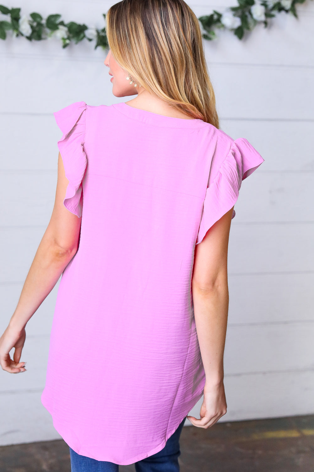 Orchid Airflow Ruffle Sleeve Hi-Low V Neck Top