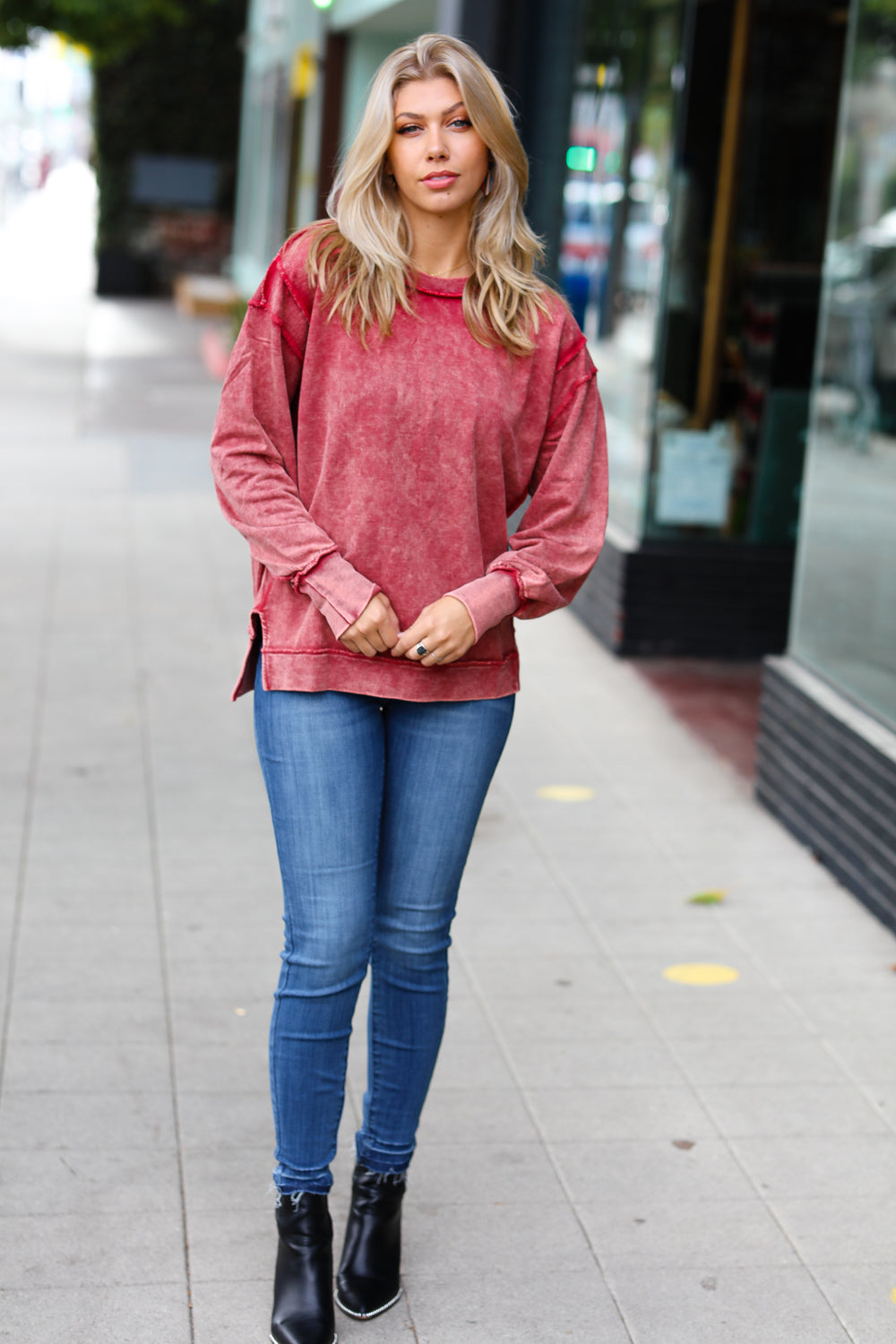 Let's Get Cozy Burgundy Acid Wash French Terry Sweatshirt