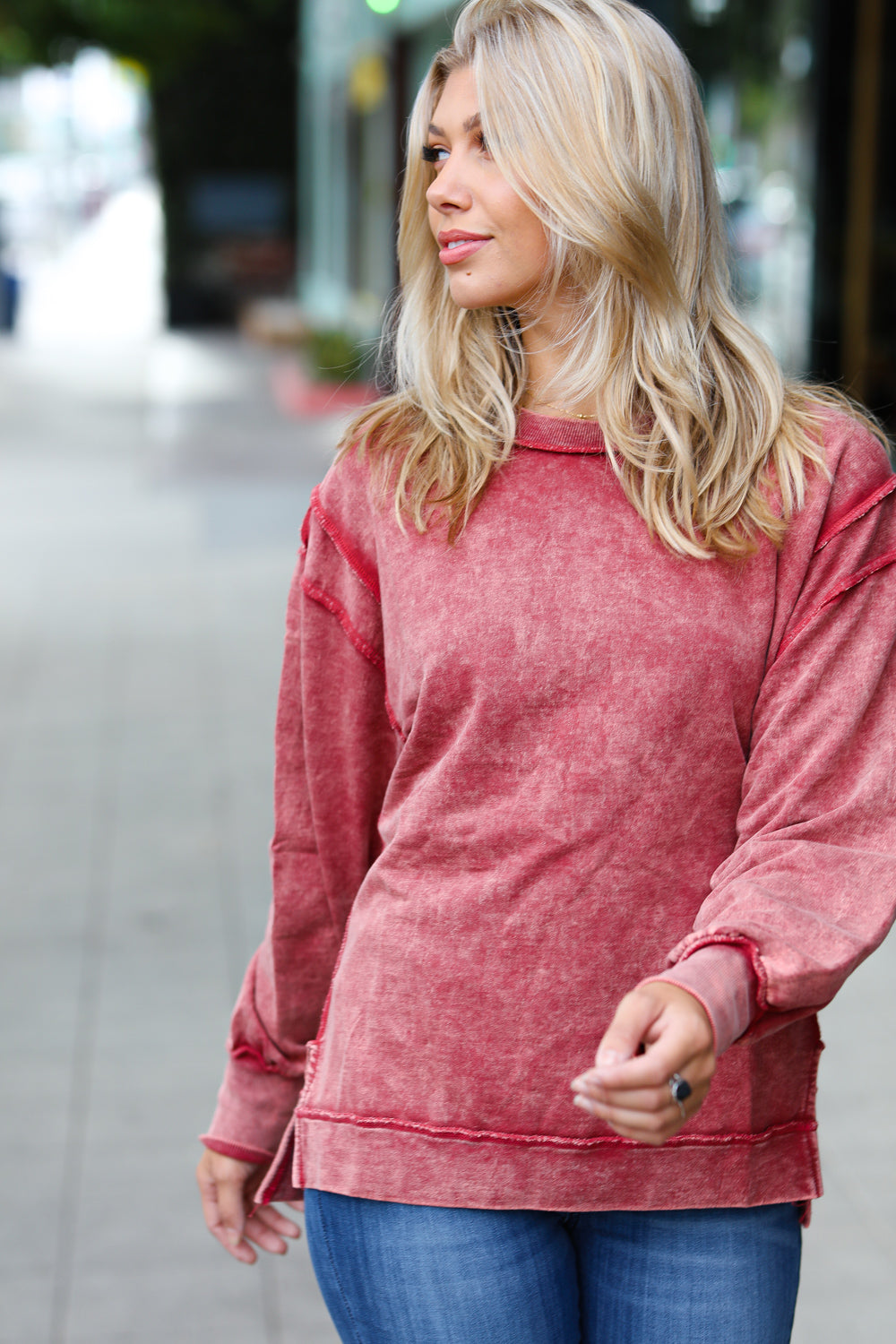 Let's Get Cozy Burgundy Acid Wash French Terry Sweatshirt
