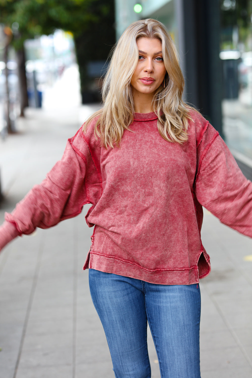 Let's Get Cozy Burgundy Acid Wash French Terry Sweatshirt