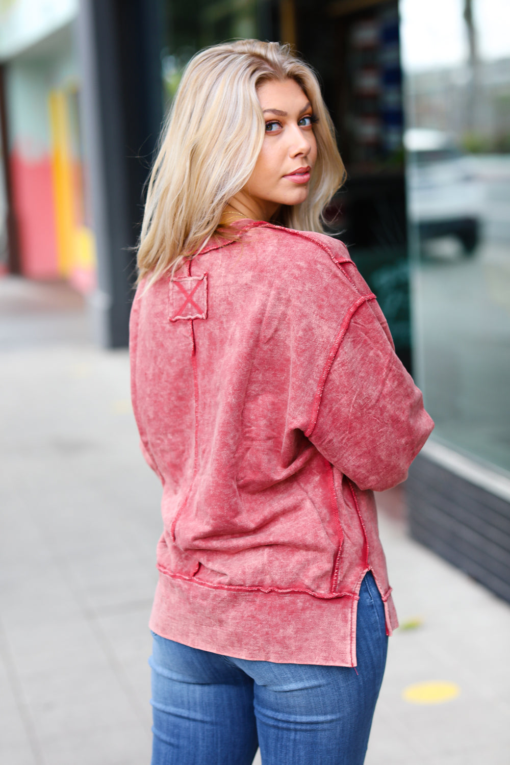 Let's Get Cozy Burgundy Acid Wash French Terry Sweatshirt