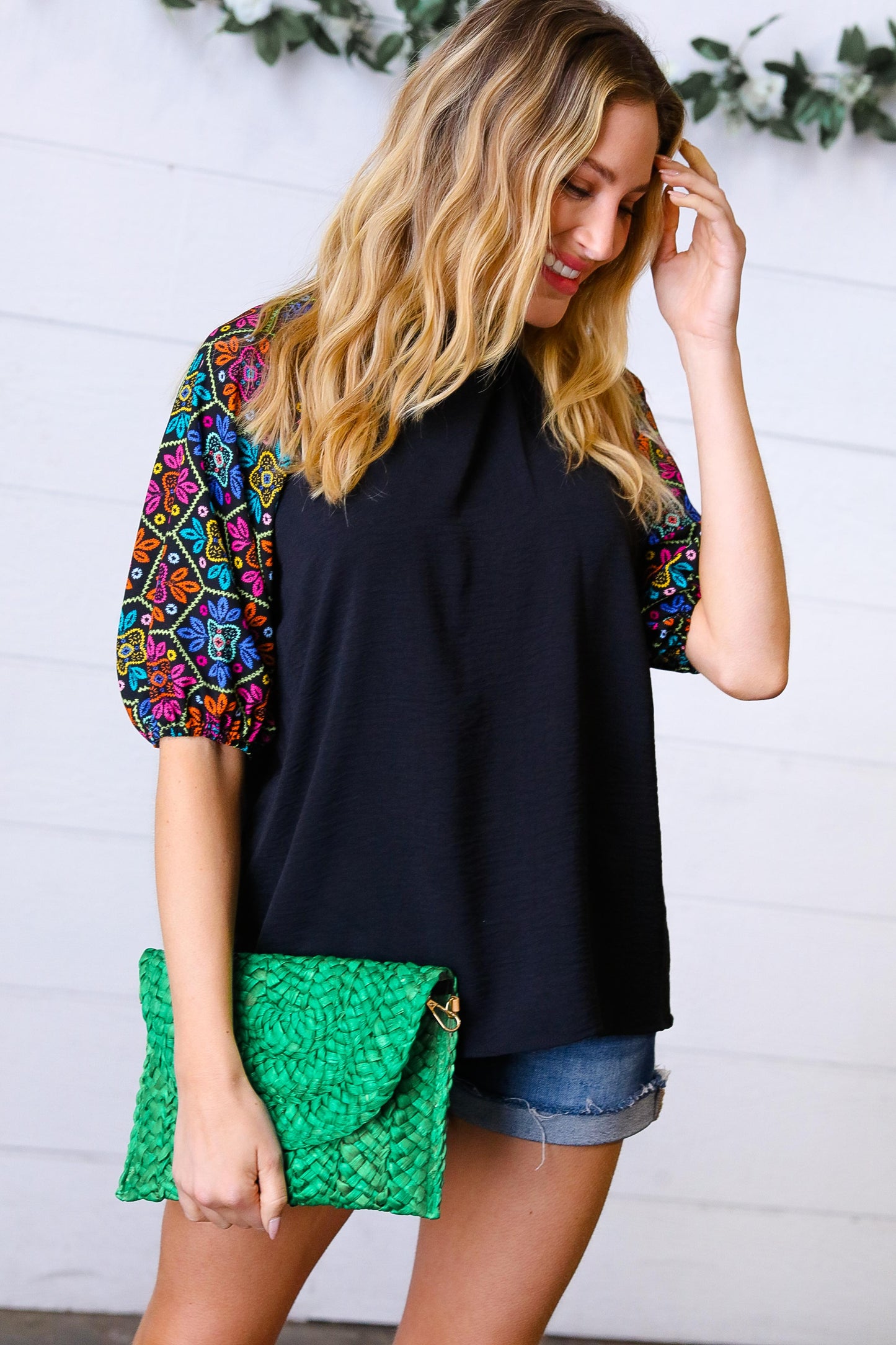 Emerald Woven Raffia Flap Closure Clutch Bag