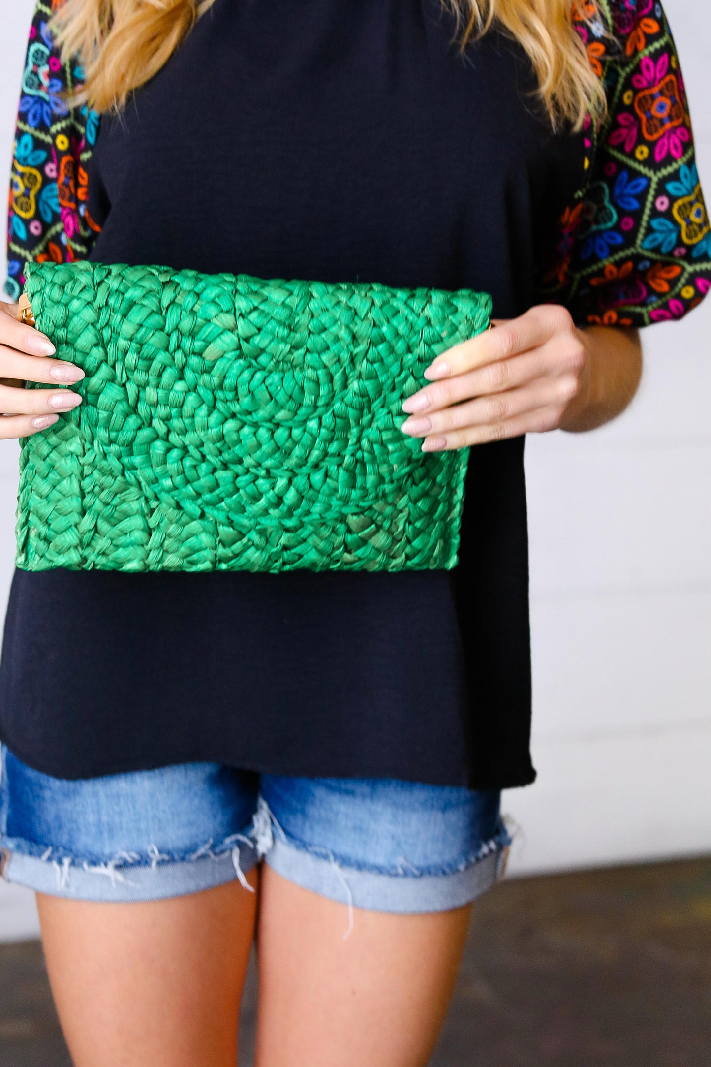 Emerald Woven Raffia Flap Closure Clutch Bag