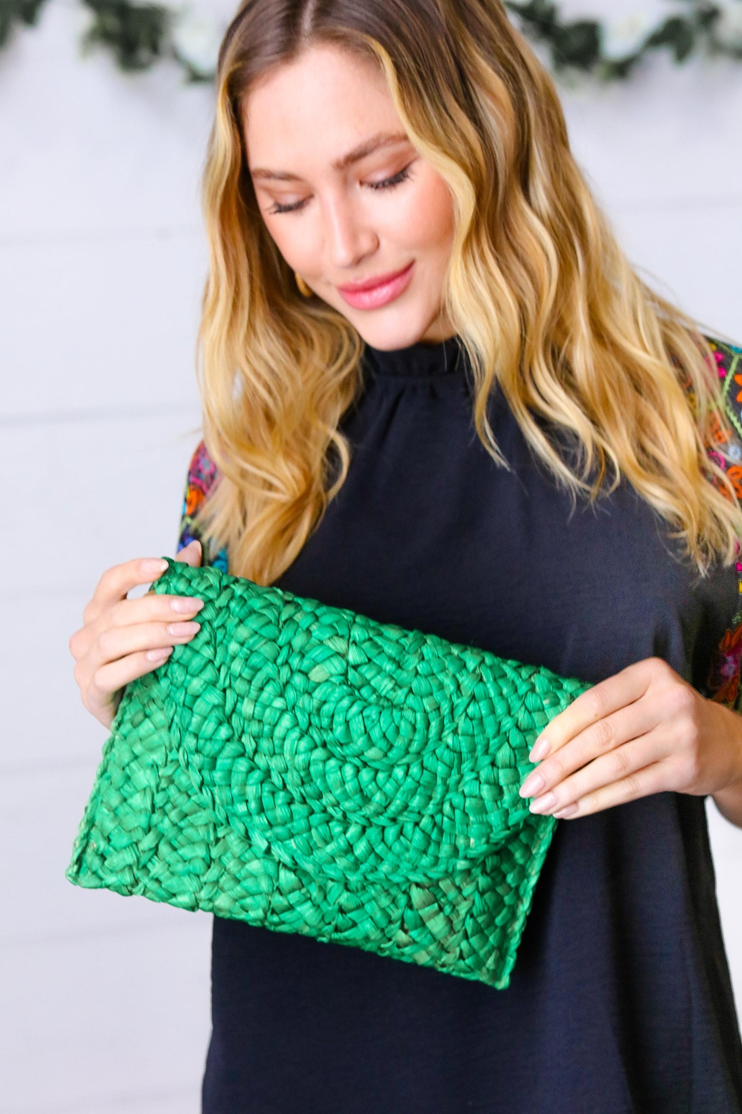 Emerald Woven Raffia Flap Closure Clutch Bag
