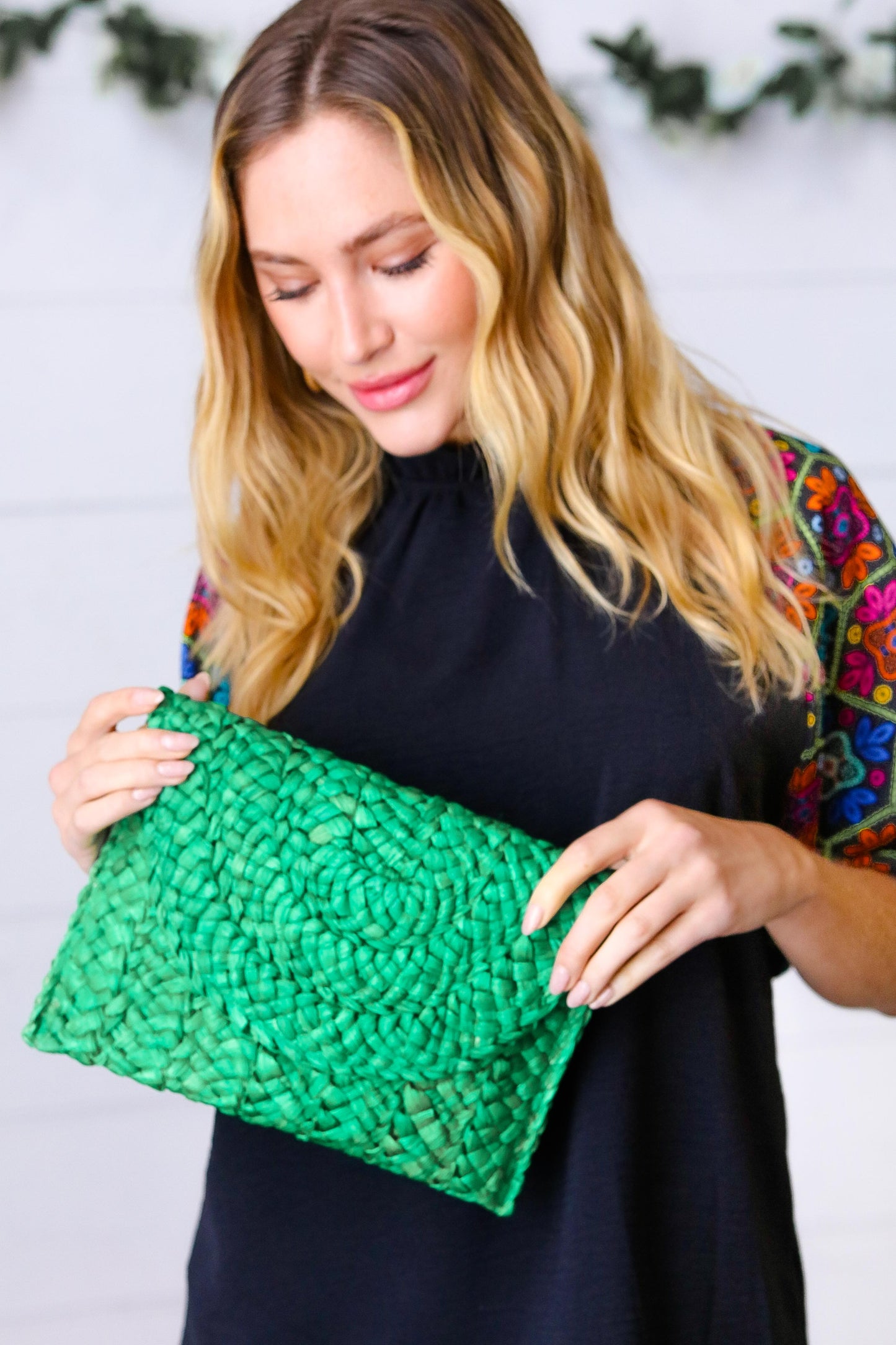 Emerald Woven Raffia Flap Closure Clutch Bag