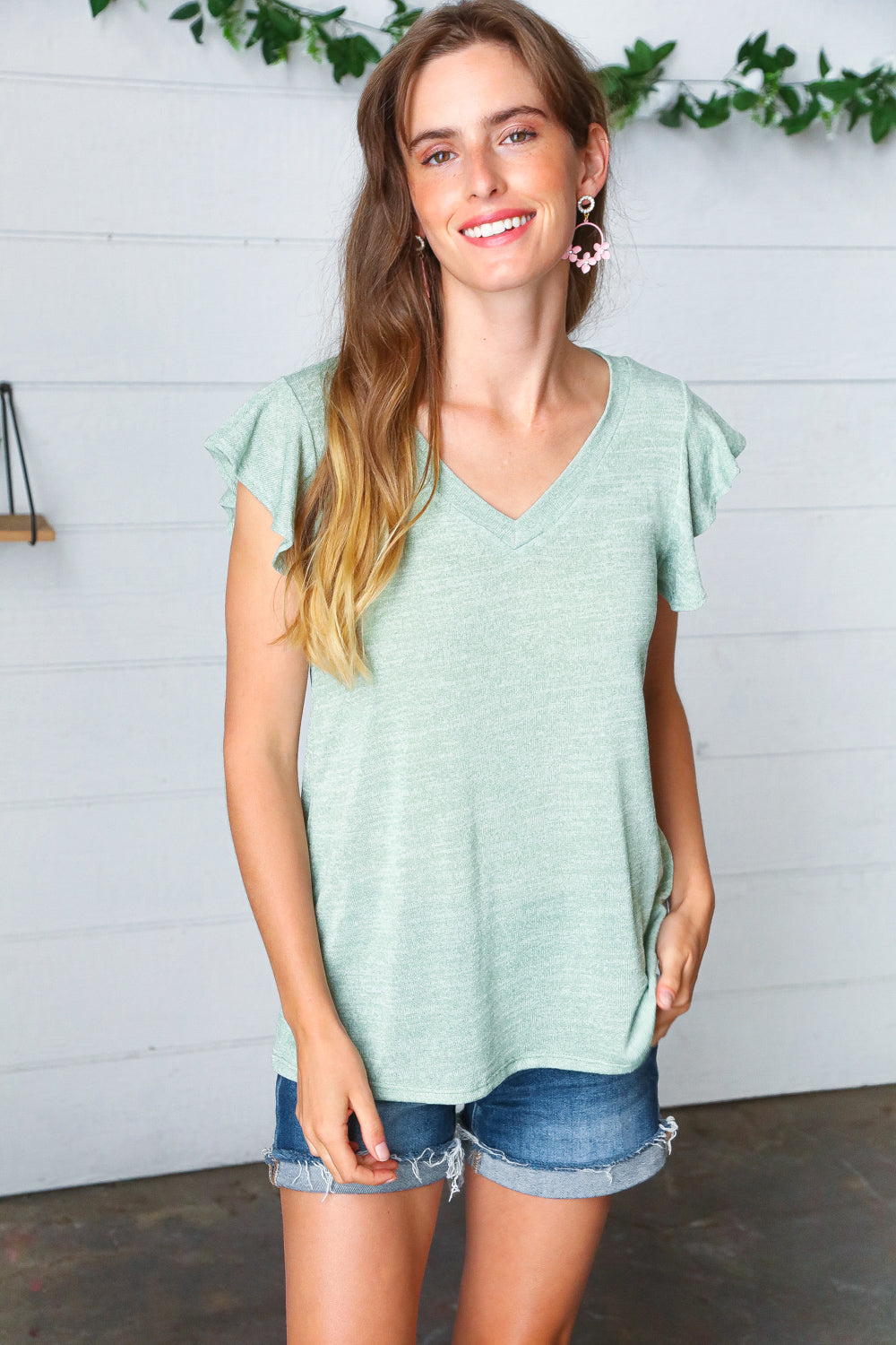 Sage Two Tone V Neck Ruffle Sleeve Top