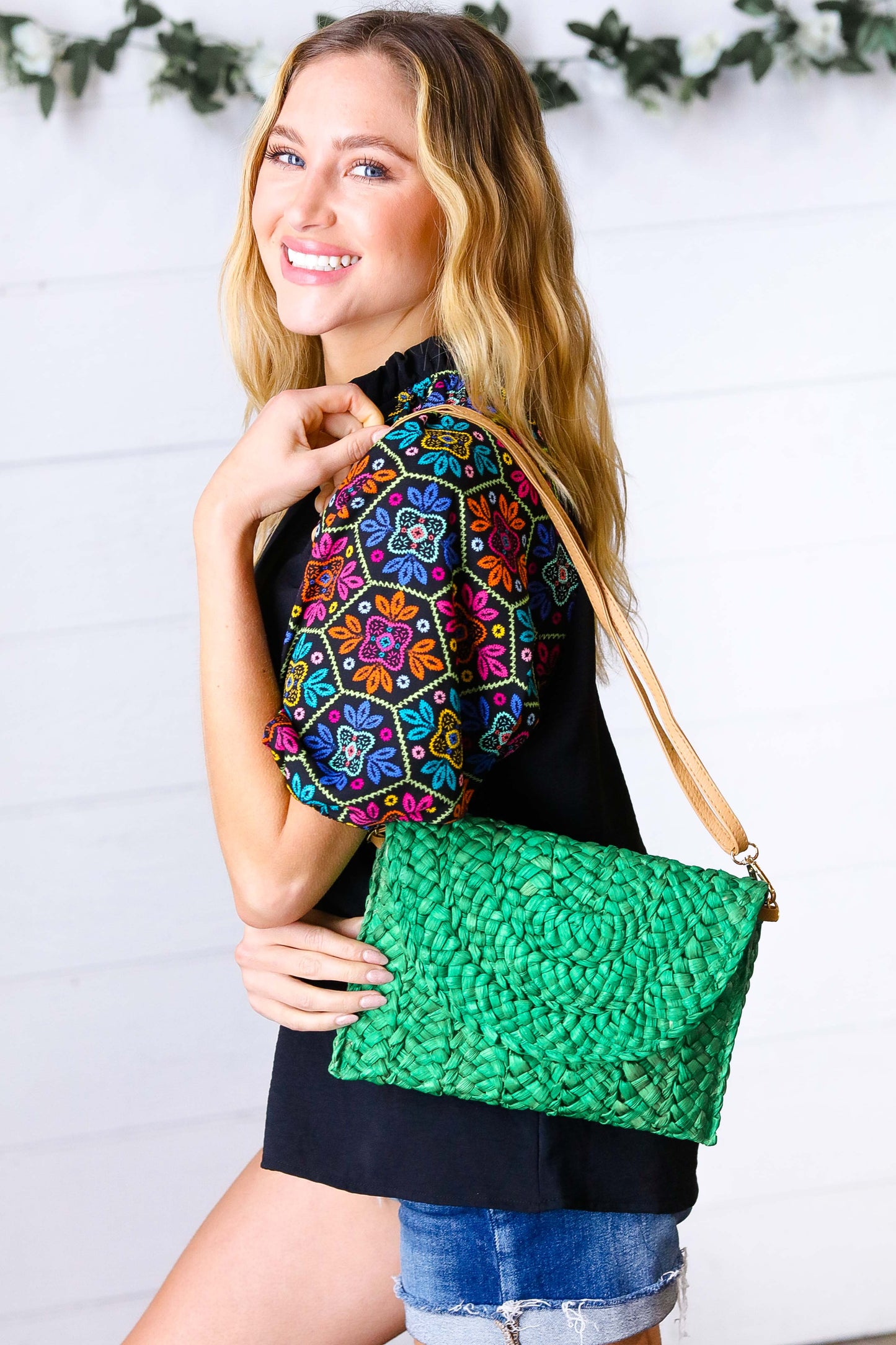 Emerald Woven Raffia Flap Closure Clutch Bag