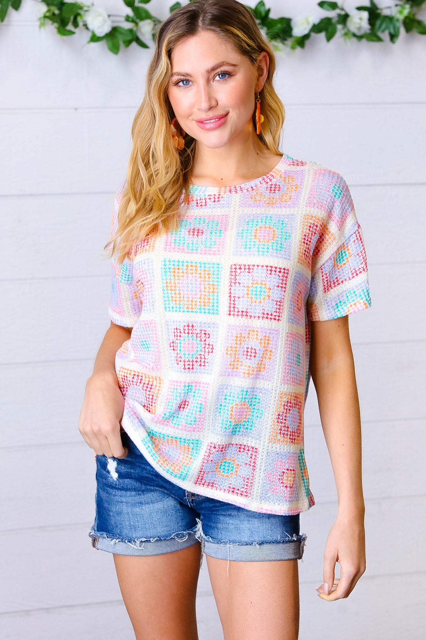 Cream Multicolor Flower Thermal Puff Sleeve Top