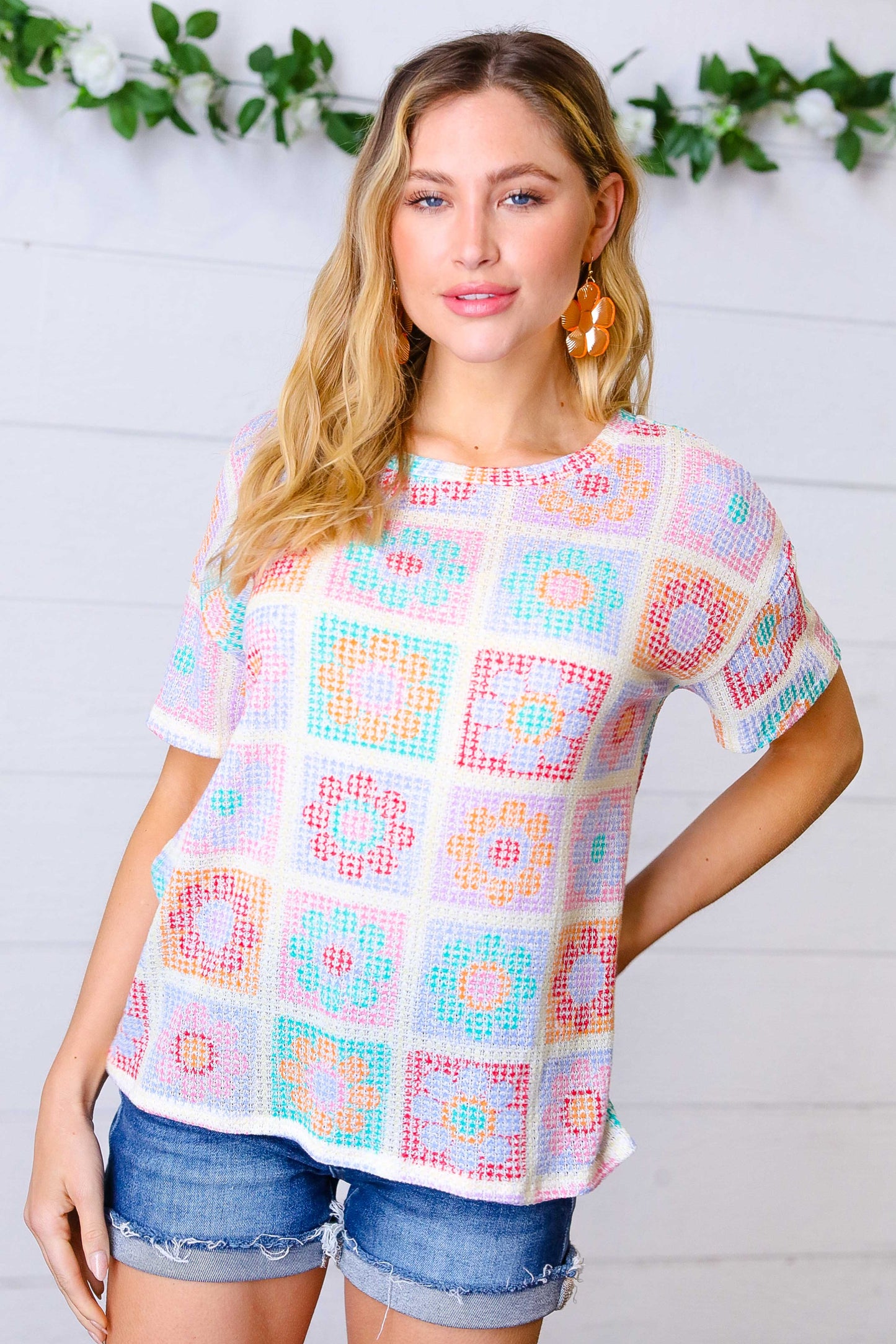 Cream Multicolor Flower Thermal Puff Sleeve Top