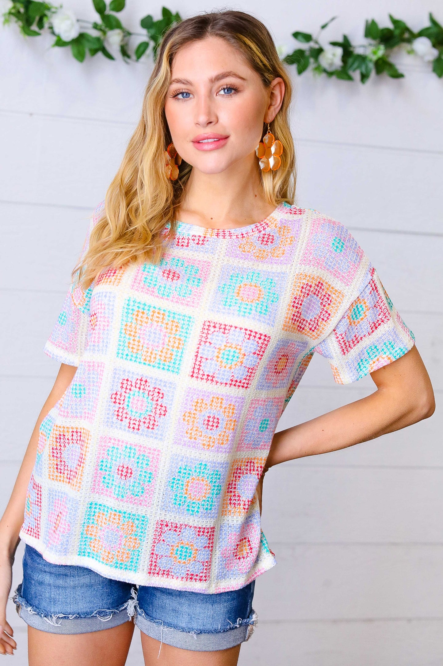 Cream Multicolor Flower Thermal Puff Sleeve Top