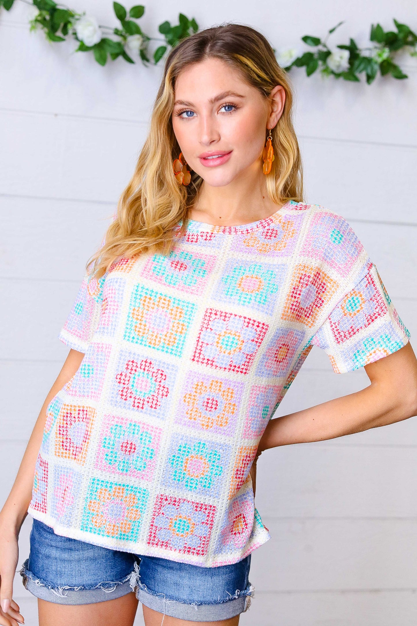 Cream Multicolor Flower Thermal Puff Sleeve Top