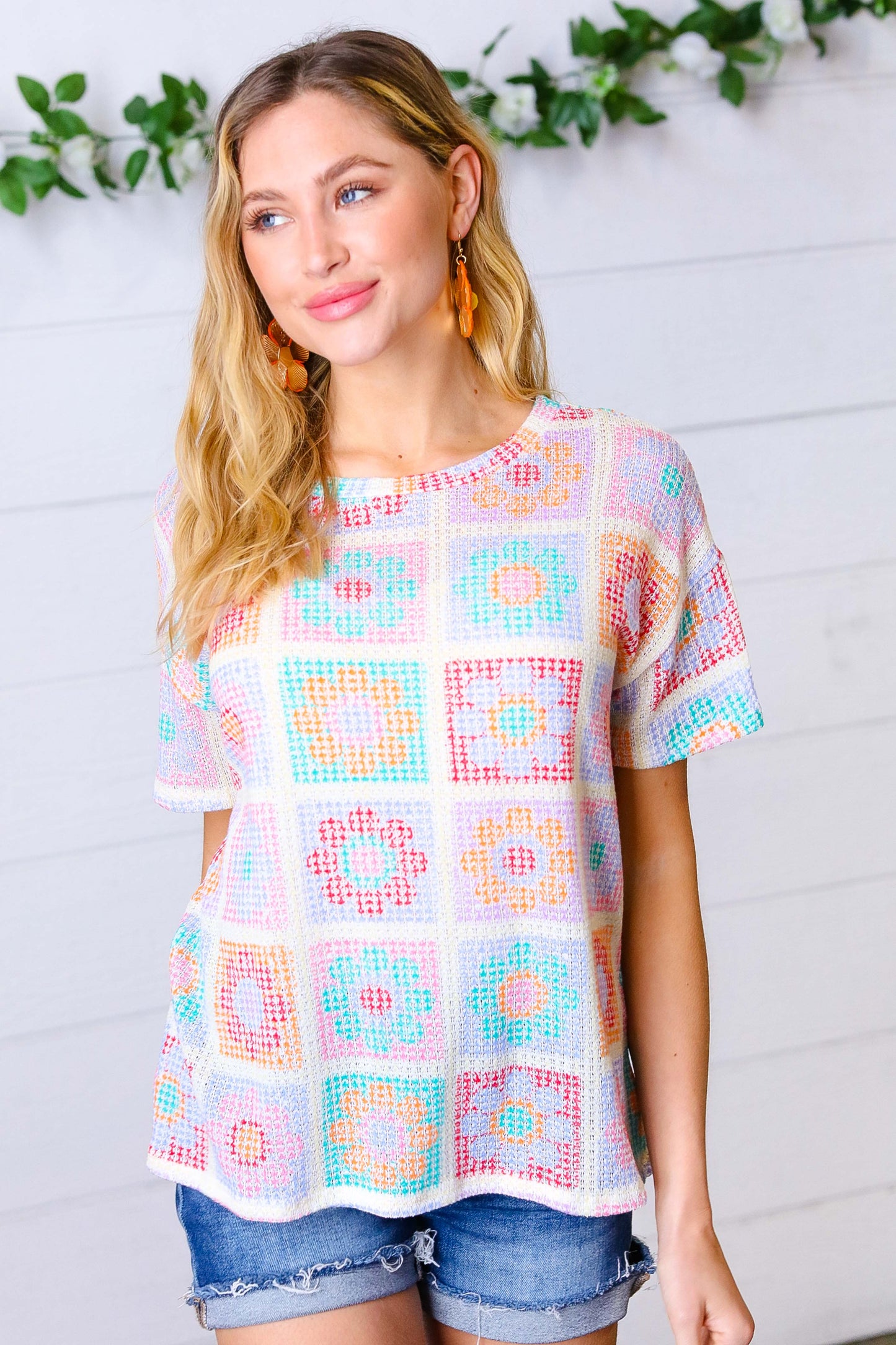 Cream Multicolor Flower Thermal Puff Sleeve Top