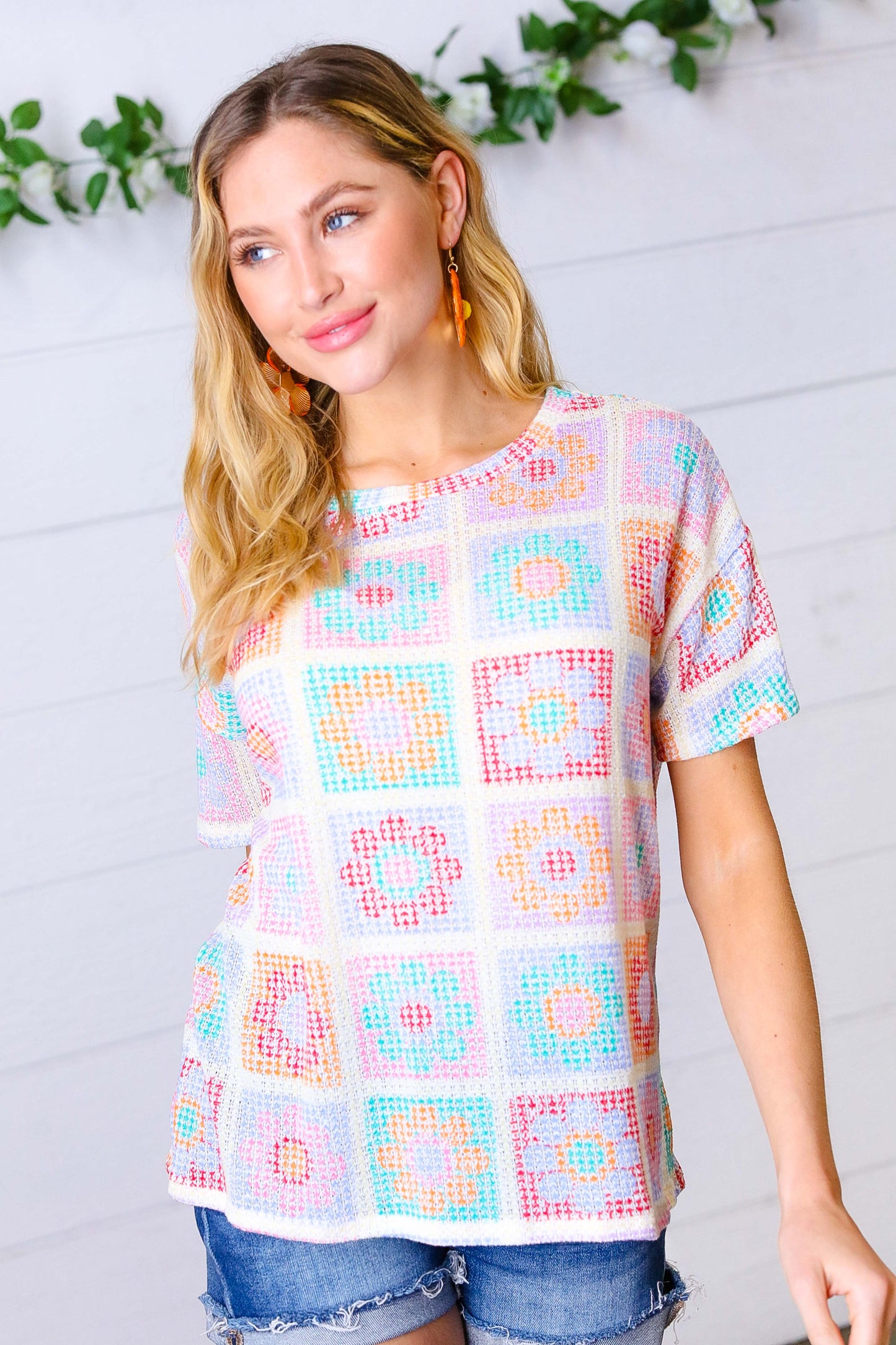 Cream Multicolor Flower Thermal Puff Sleeve Top