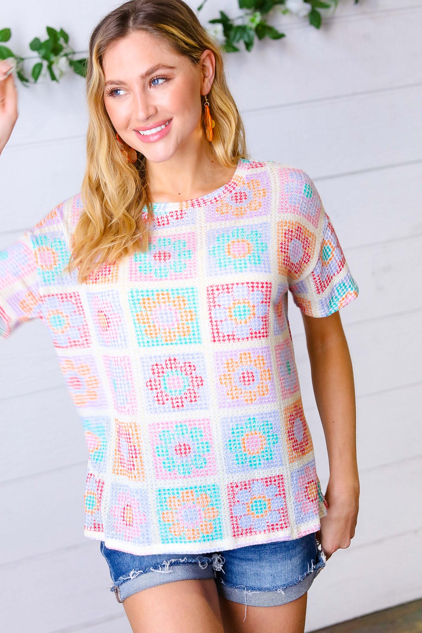 Cream Multicolor Flower Thermal Puff Sleeve Top