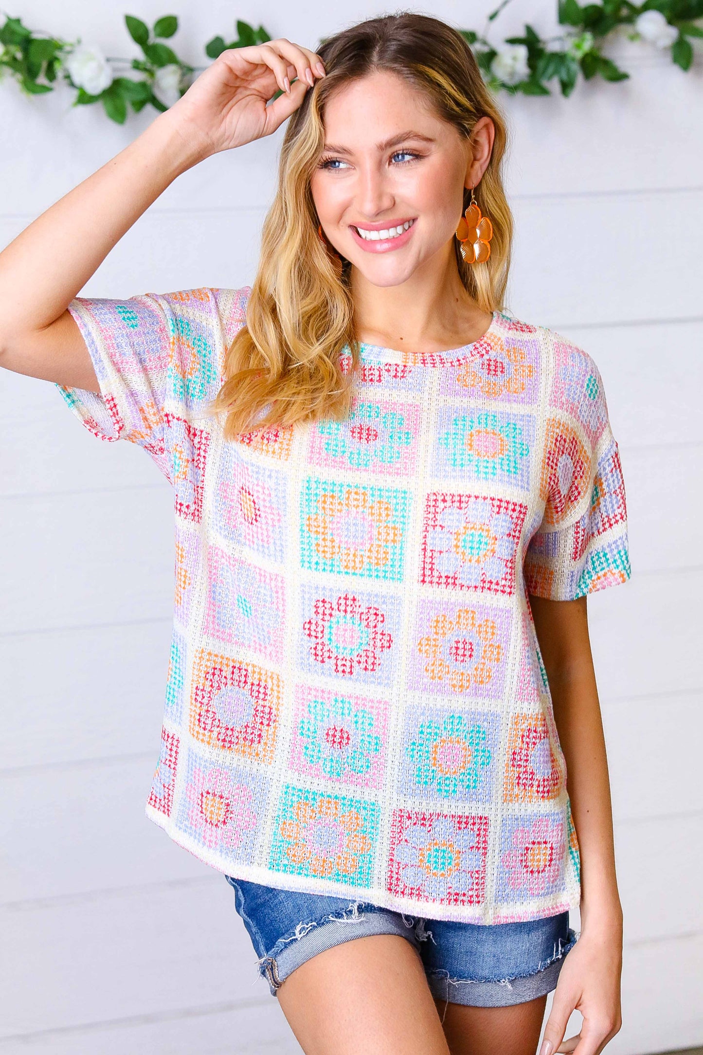 Cream Multicolor Flower Thermal Puff Sleeve Top