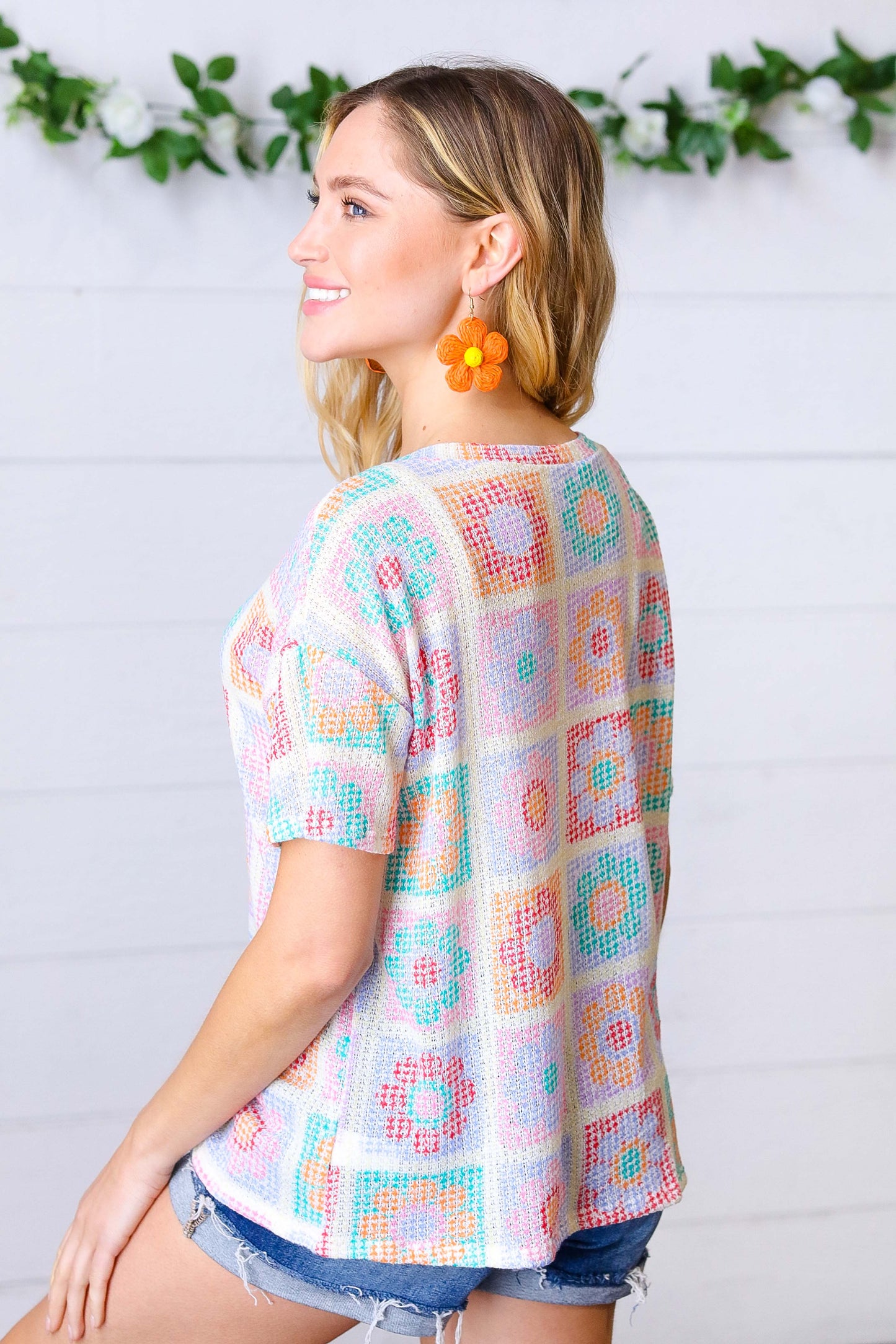 Cream Multicolor Flower Thermal Puff Sleeve Top
