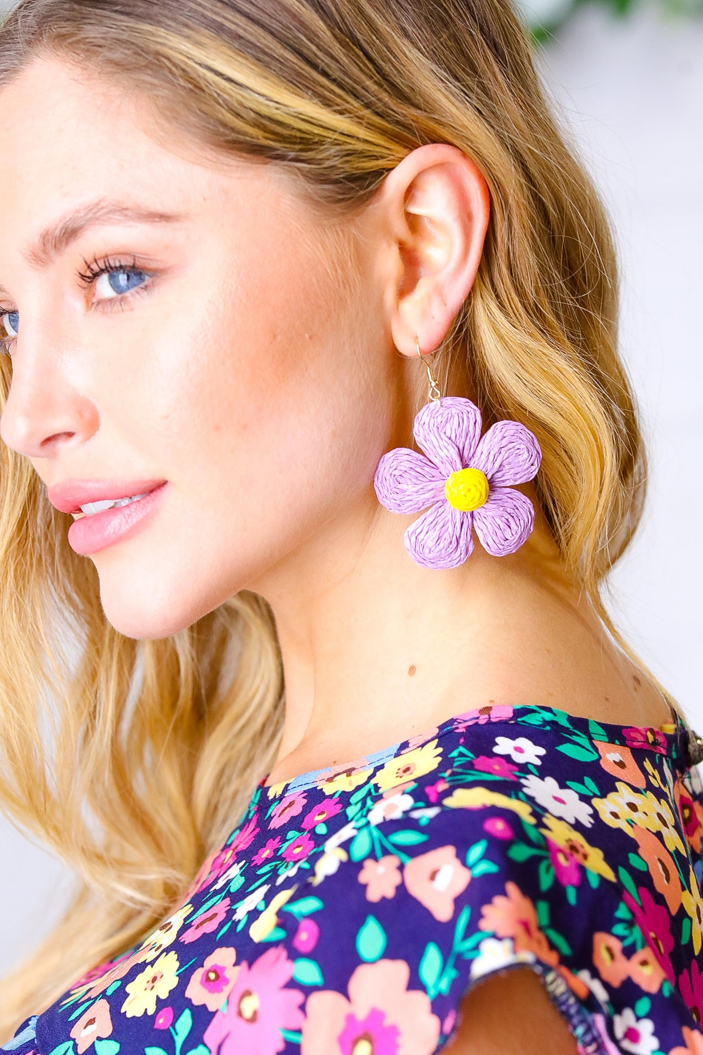 Lilac Handwoven Straw Flower Dangle Earrings