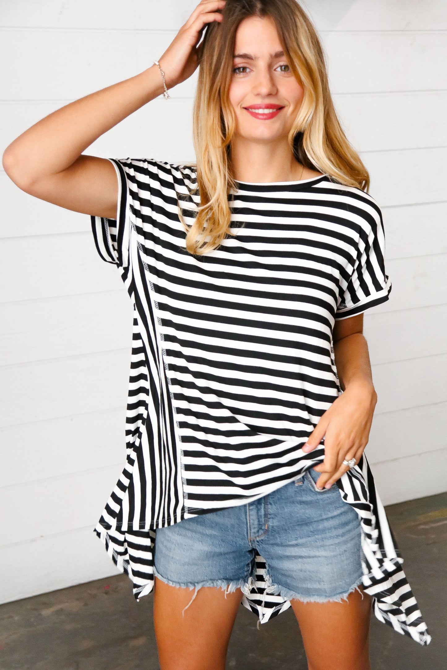 Black & White Stripe Hi-Lo Shark Bite Dolman Top