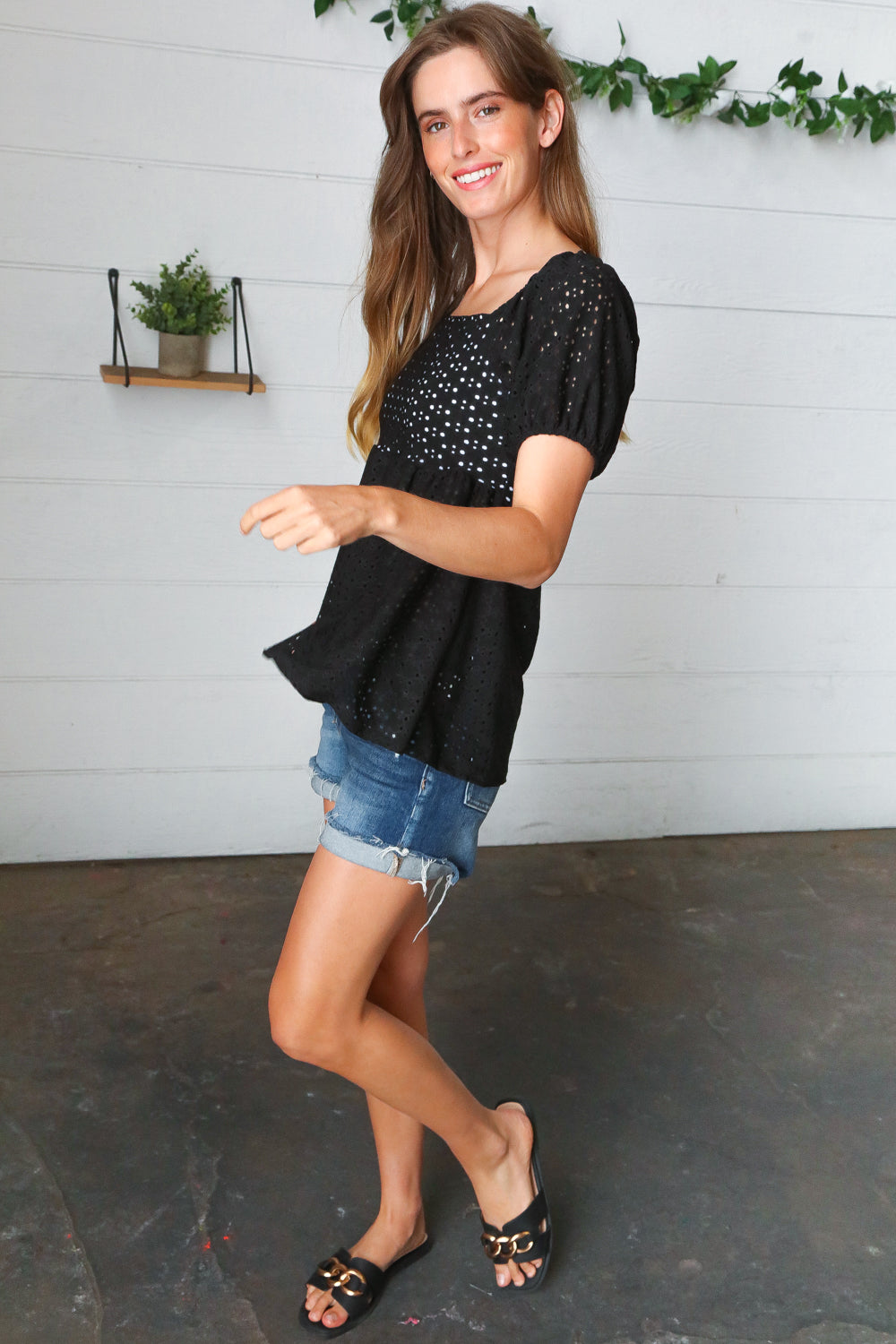 Black Eyelet Puff Sleeve Babydoll Top