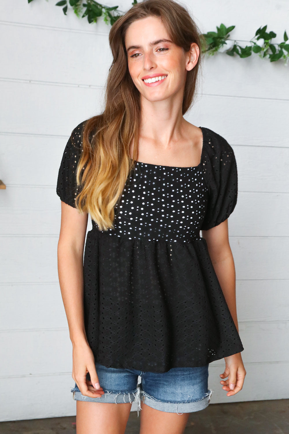 Black Eyelet Puff Sleeve Babydoll Top