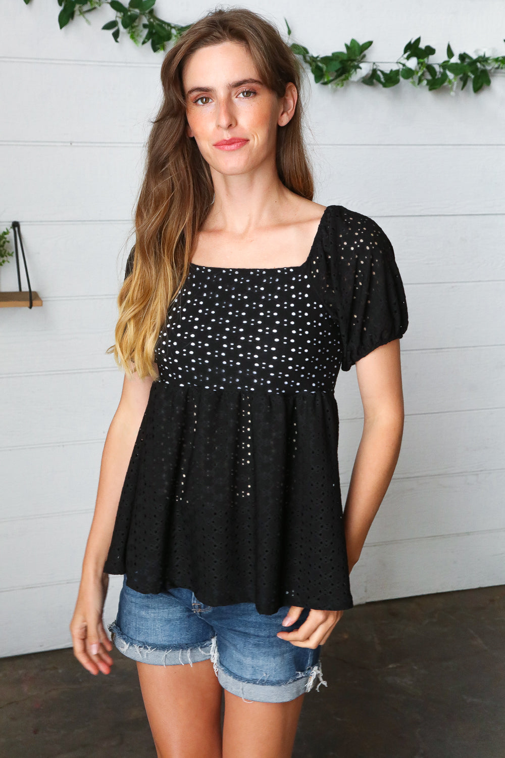 Black Eyelet Puff Sleeve Babydoll Top