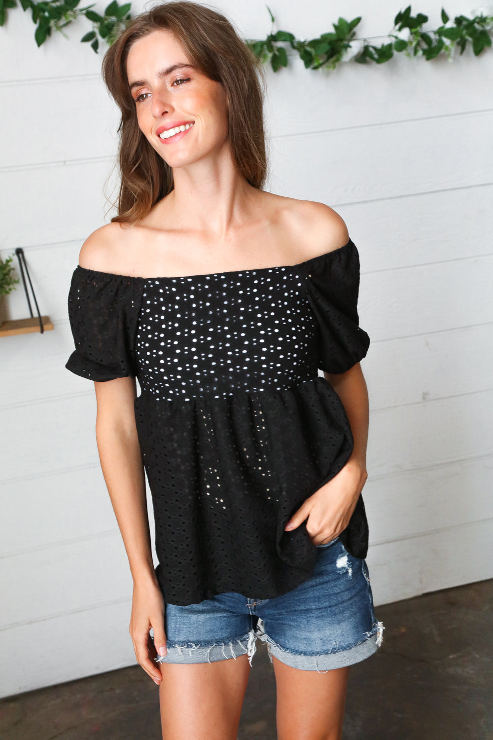 Black Eyelet Puff Sleeve Babydoll Top