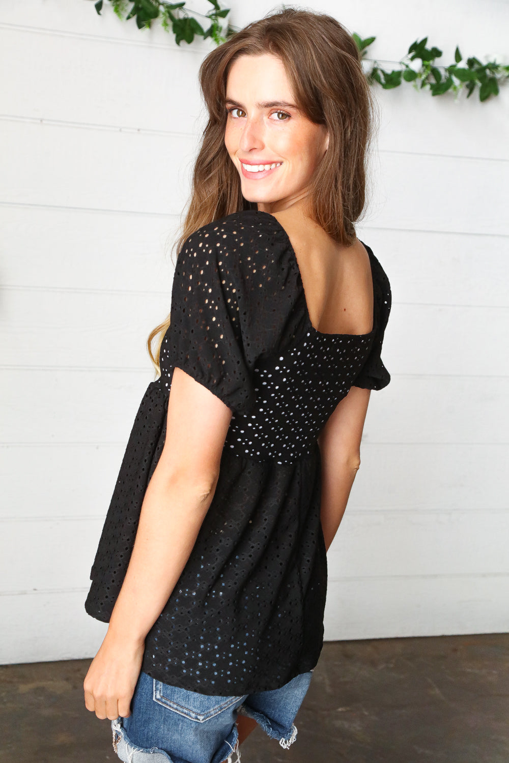 Black Eyelet Puff Sleeve Babydoll Top