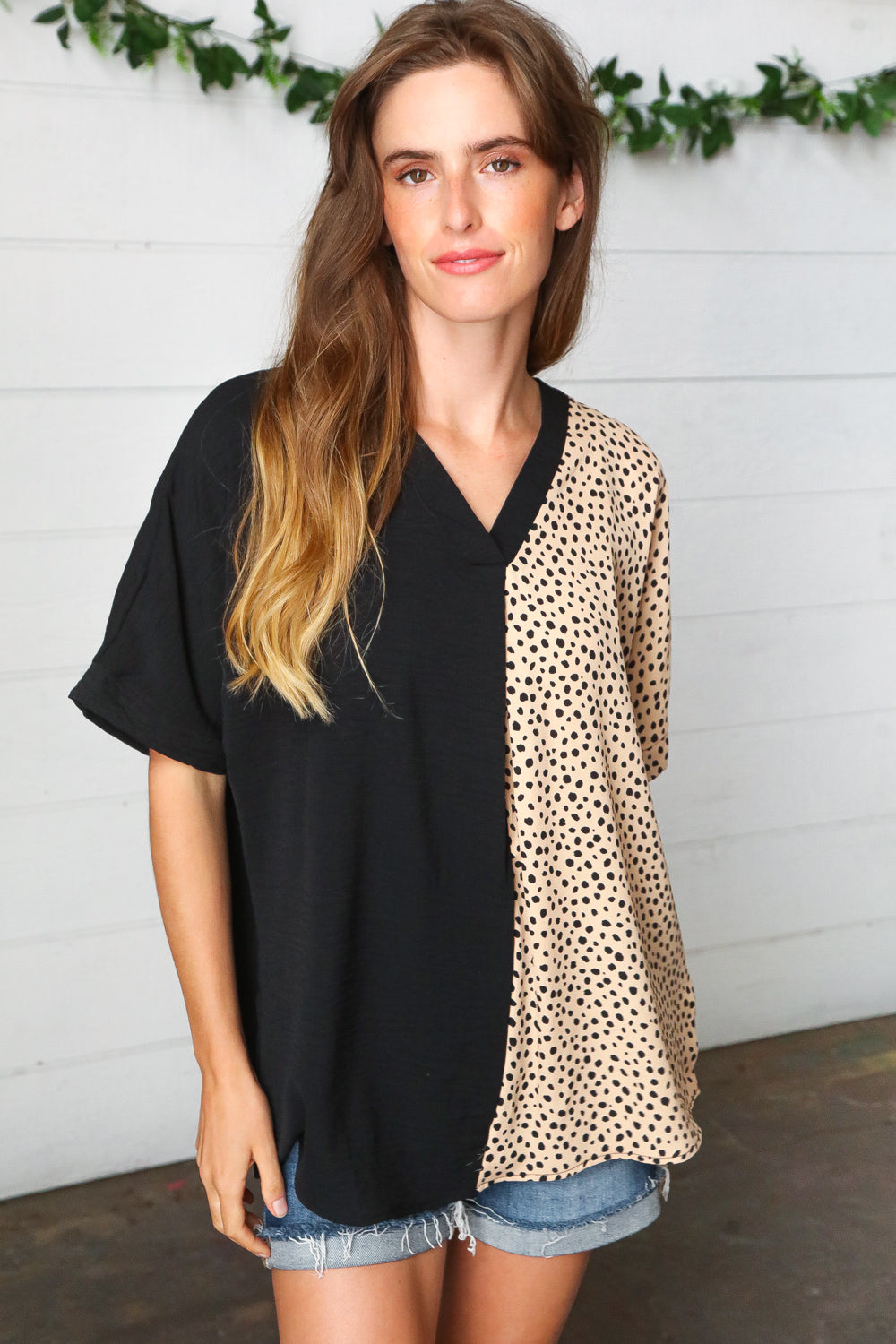 Black & Leopard Print Color Block V Neck Crepe Top