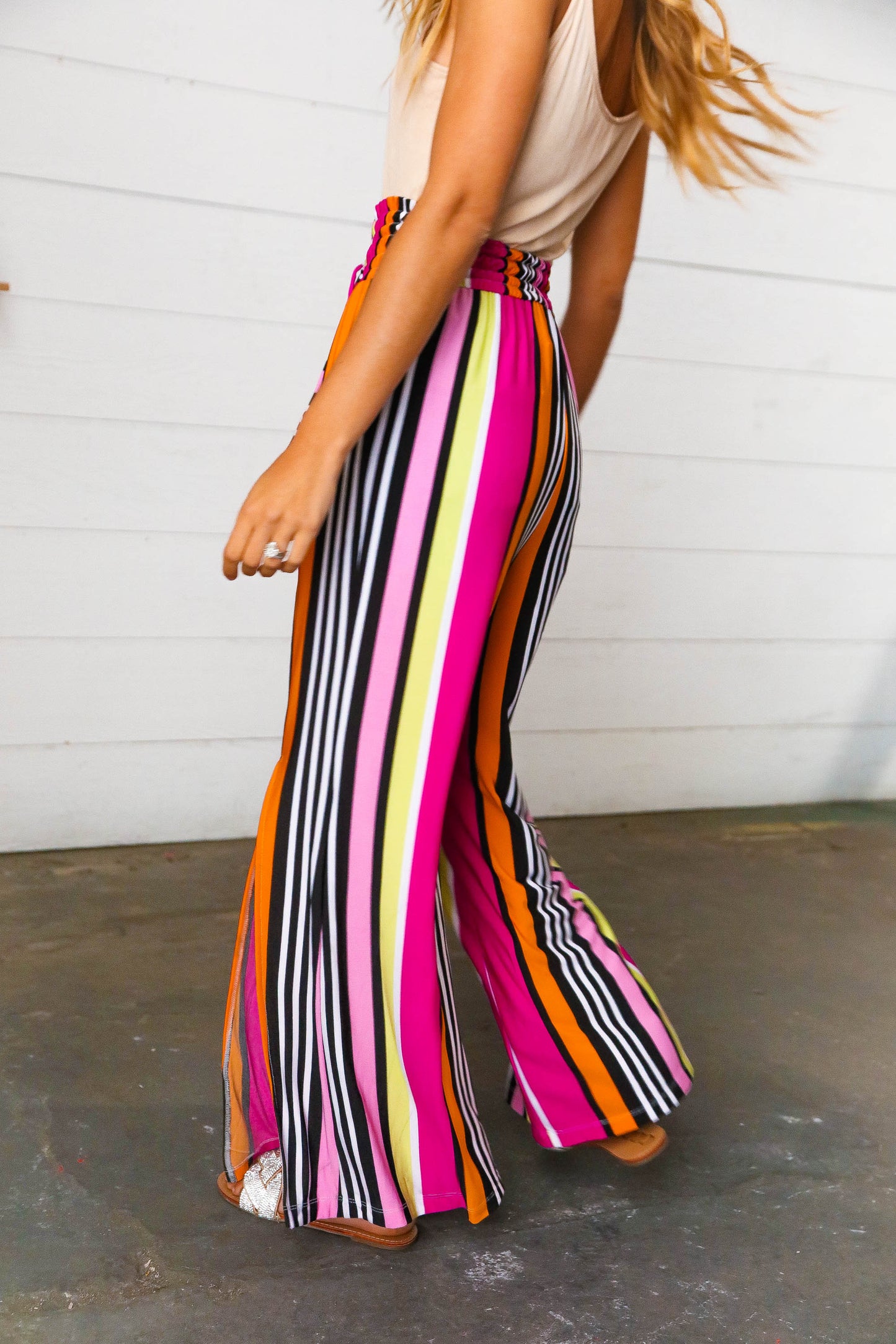 Multicolor Vertical Stripe Smock Waist Side Slit Palazzo Pants