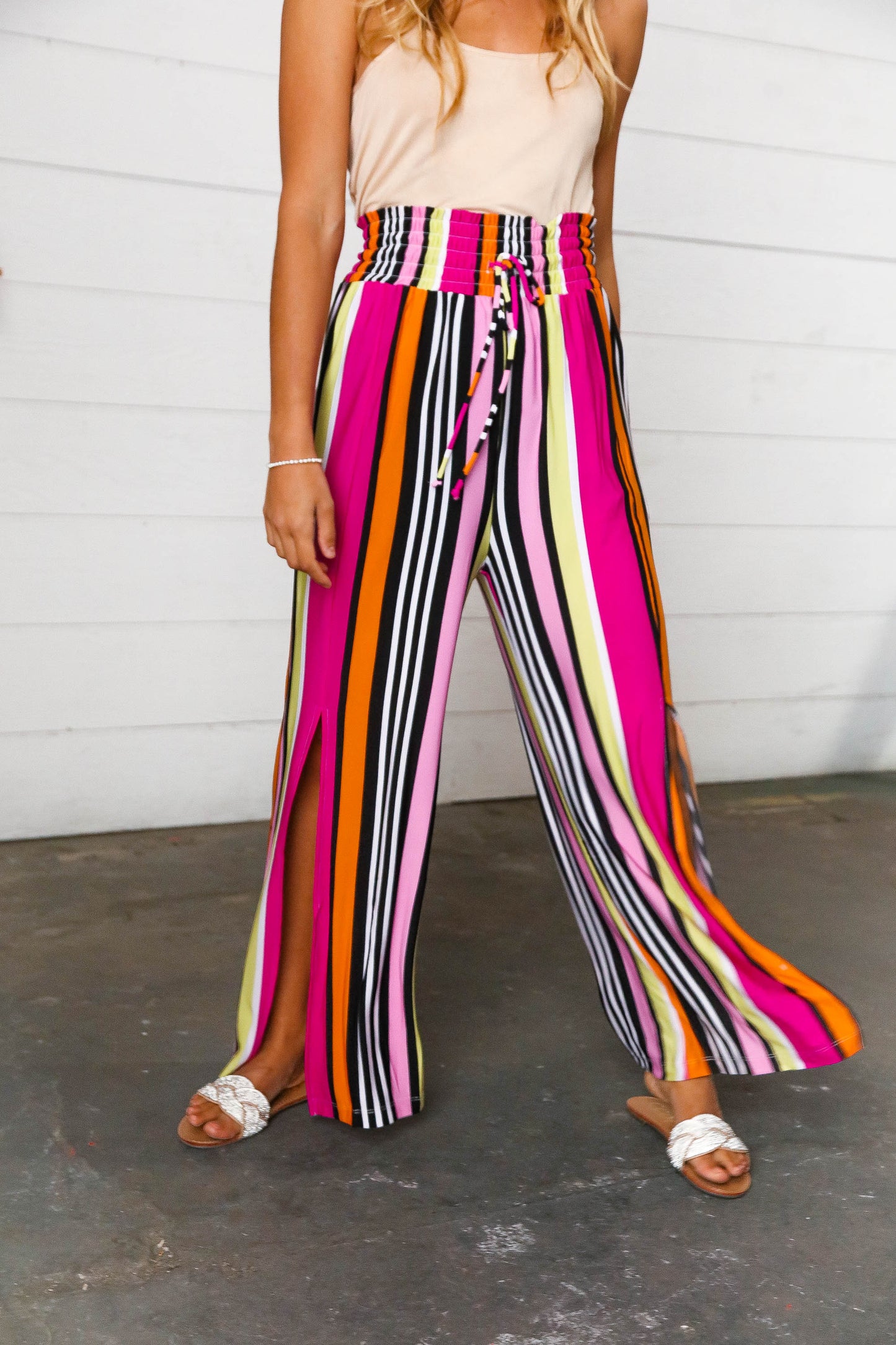 Multicolor Vertical Stripe Smock Waist Side Slit Palazzo Pants