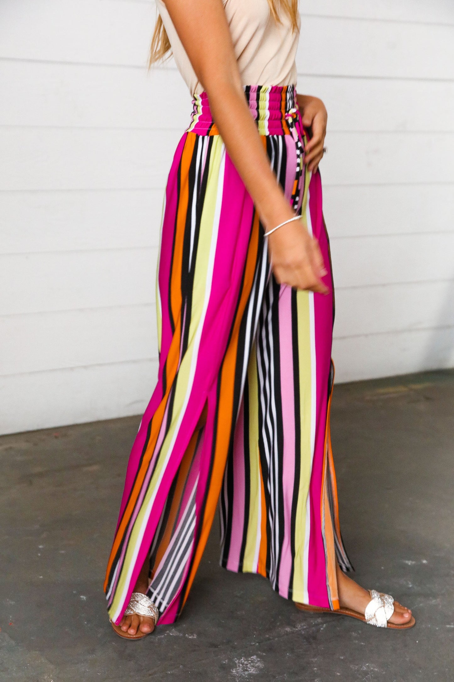 Multicolor Vertical Stripe Smock Waist Side Slit Palazzo Pants