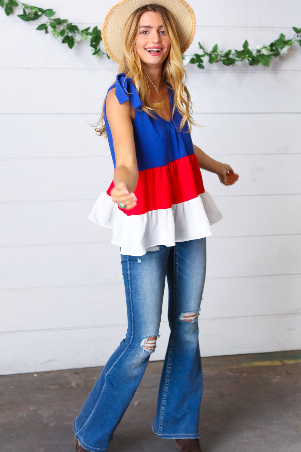 Patriotic Tiered Shoulder Tie Bow Crepe Top