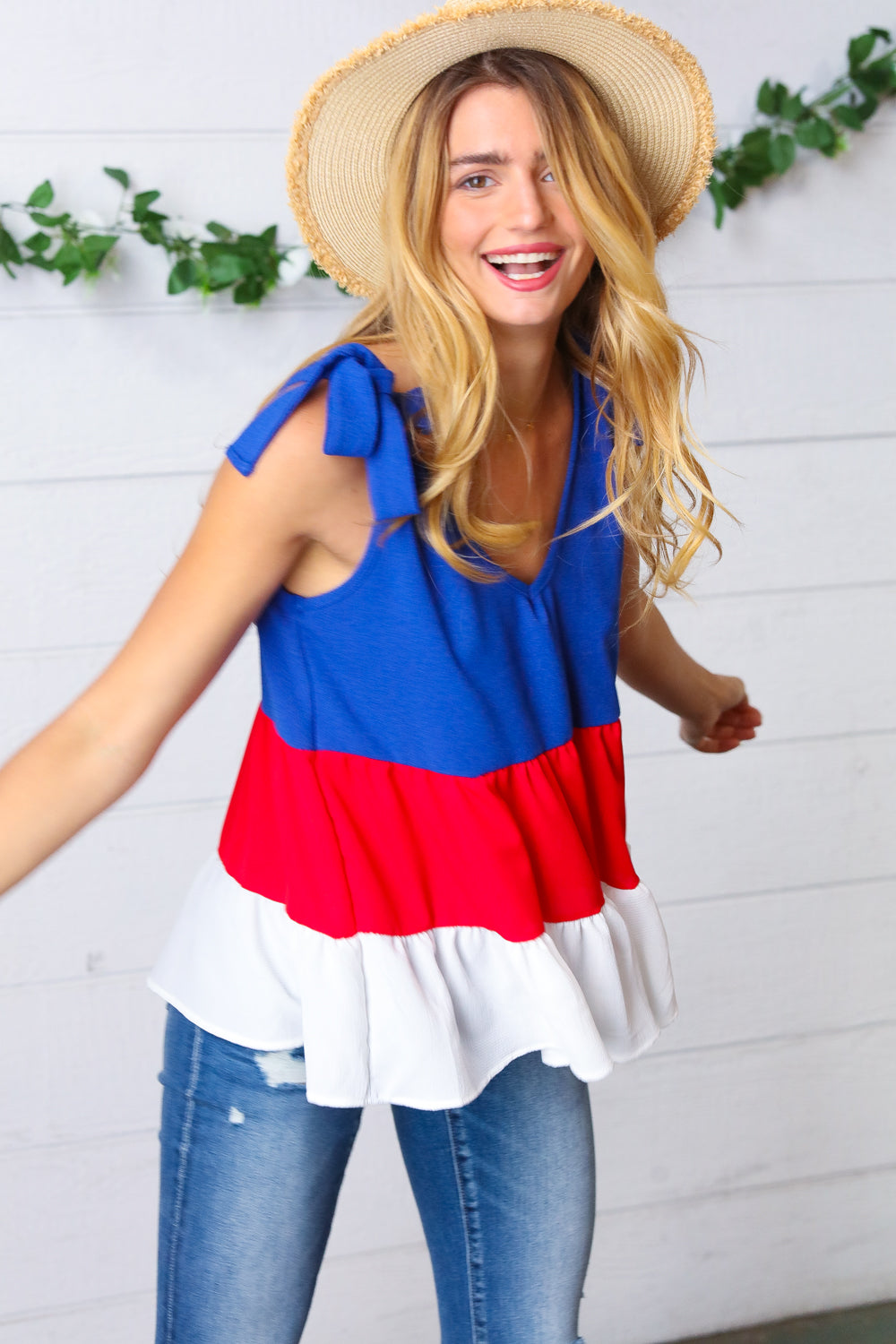 Patriotic Tiered Shoulder Tie Bow Crepe Top