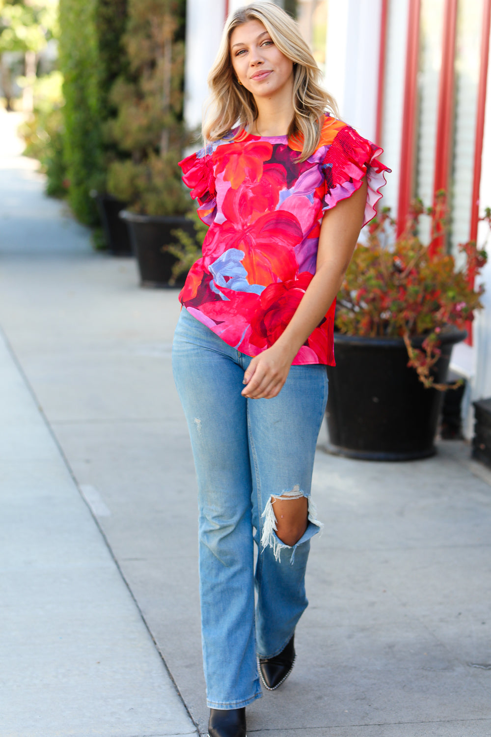 Red & Fuchsia Floral Smocked Ruffle Sleeve Top