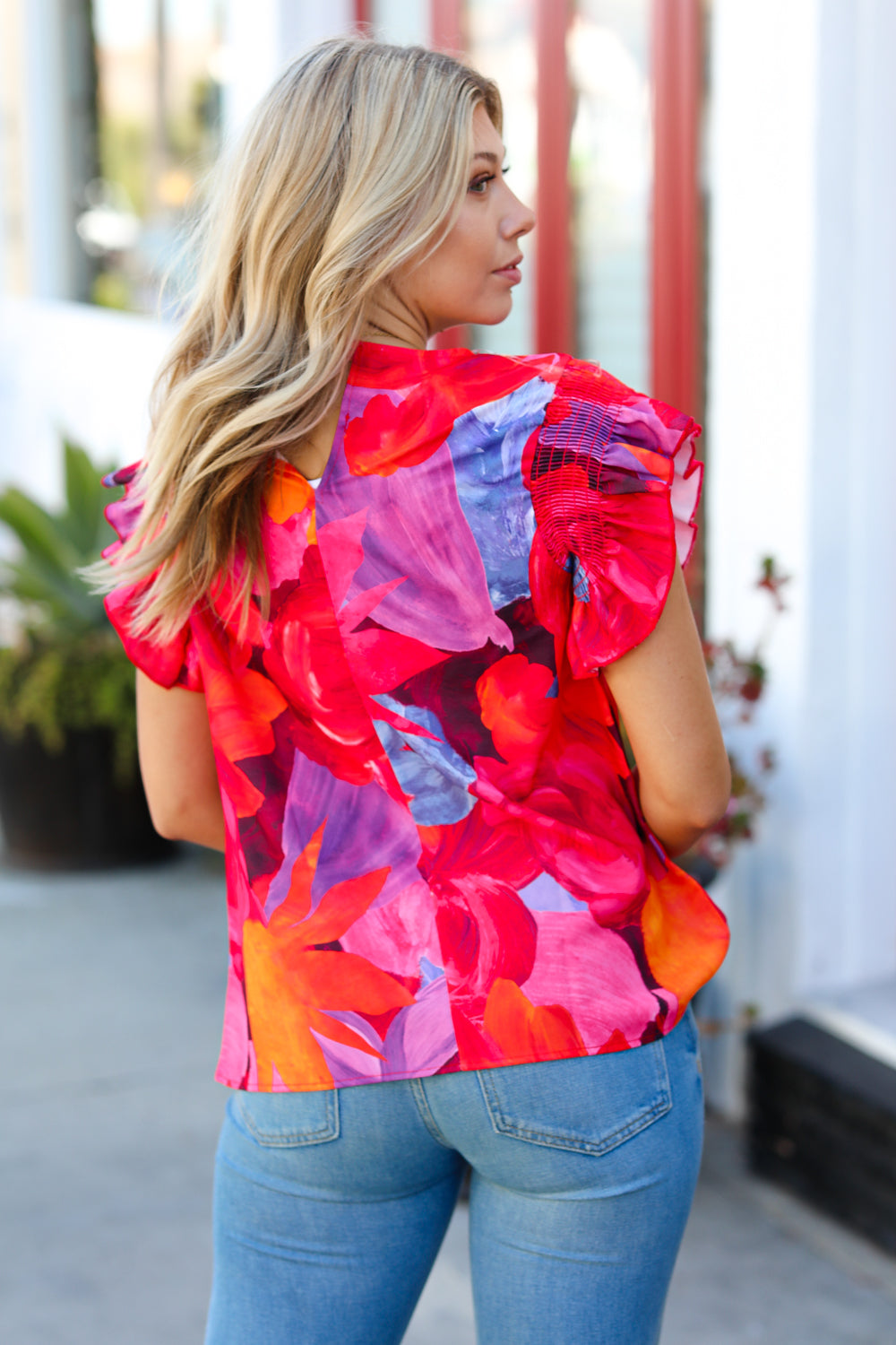 Red & Fuchsia Floral Smocked Ruffle Sleeve Top