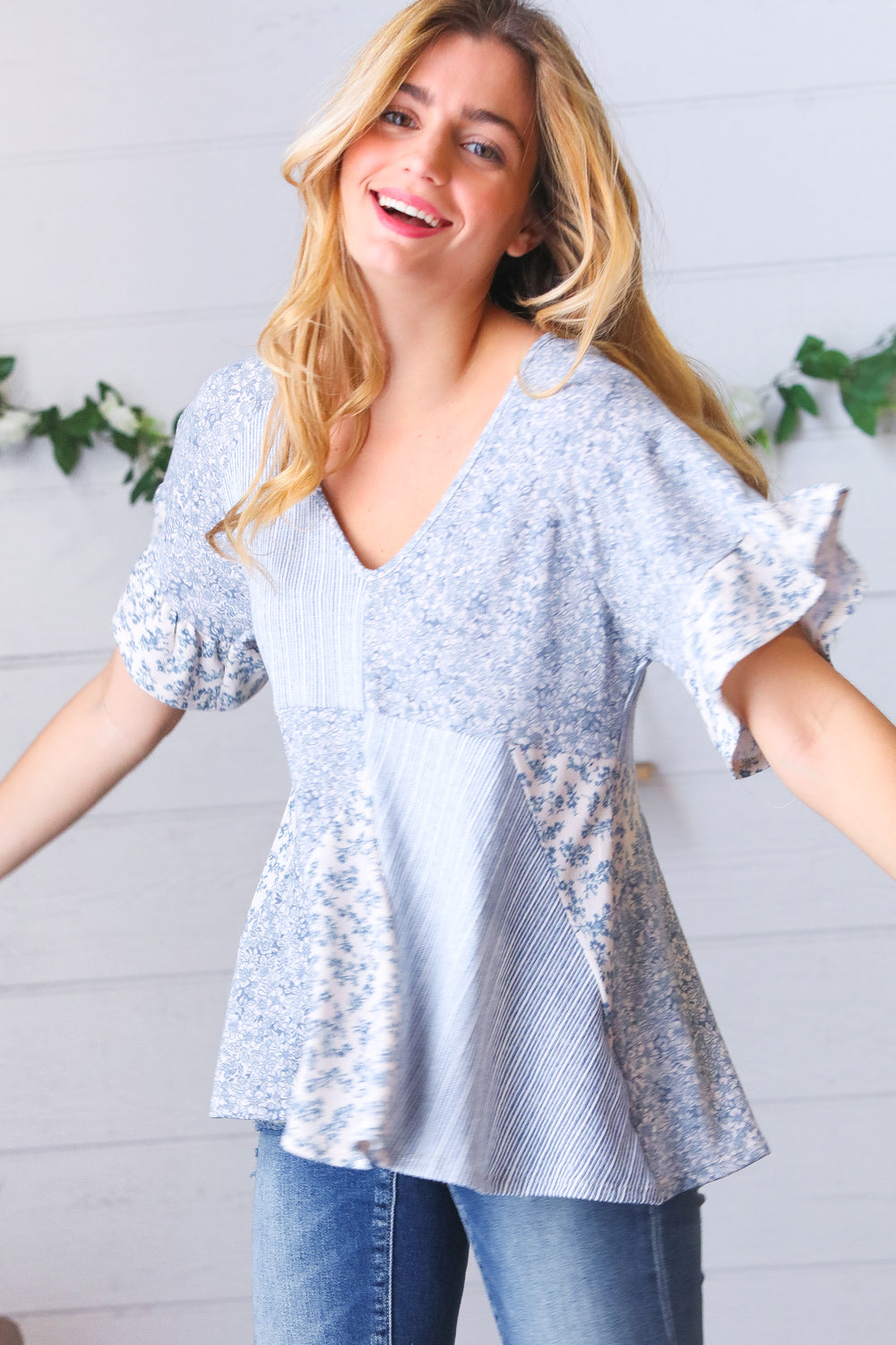 Light Blue French Terry Floral Ruffle Sleeve Top