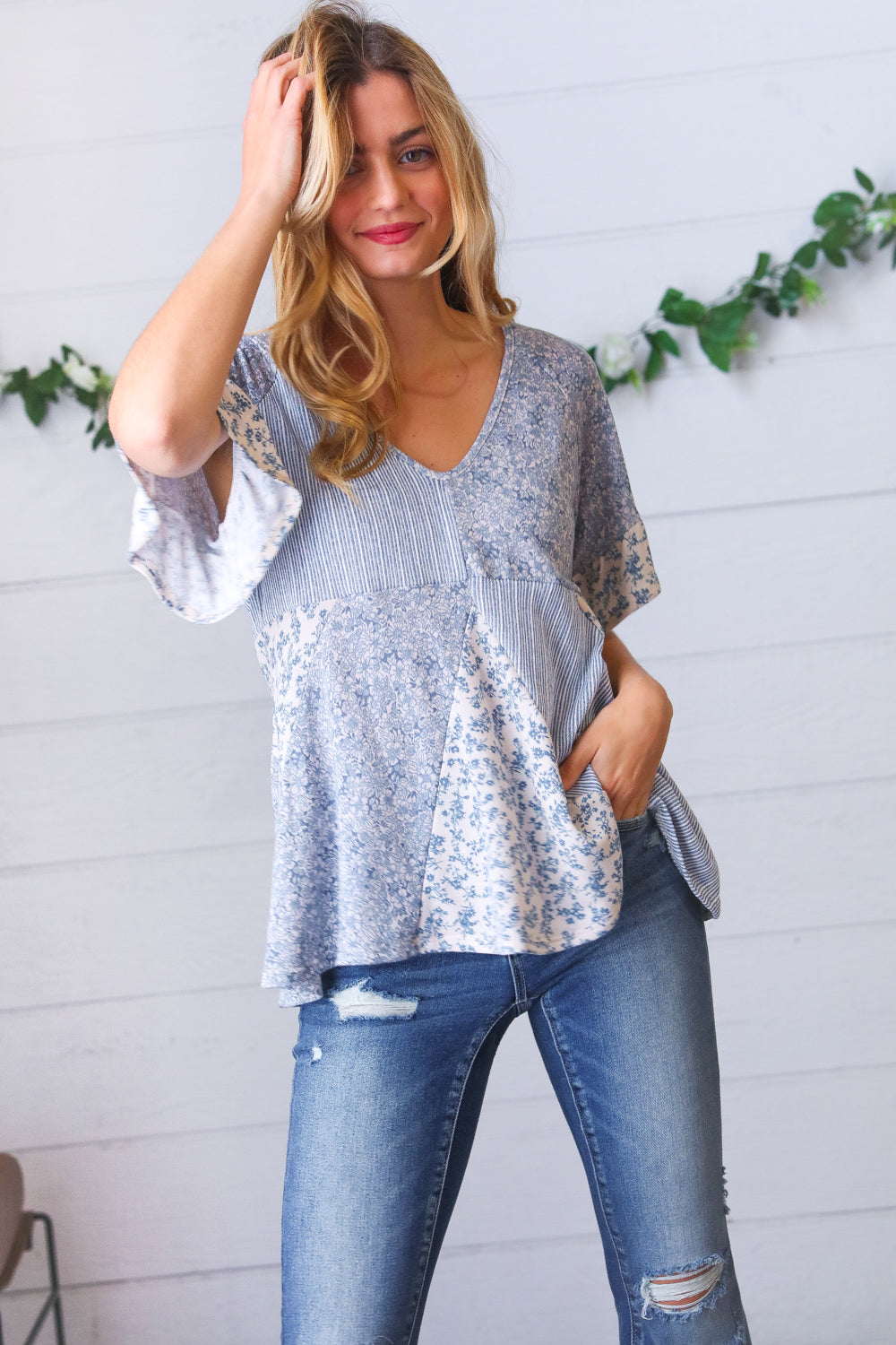 Light Blue French Terry Floral Ruffle Sleeve Top