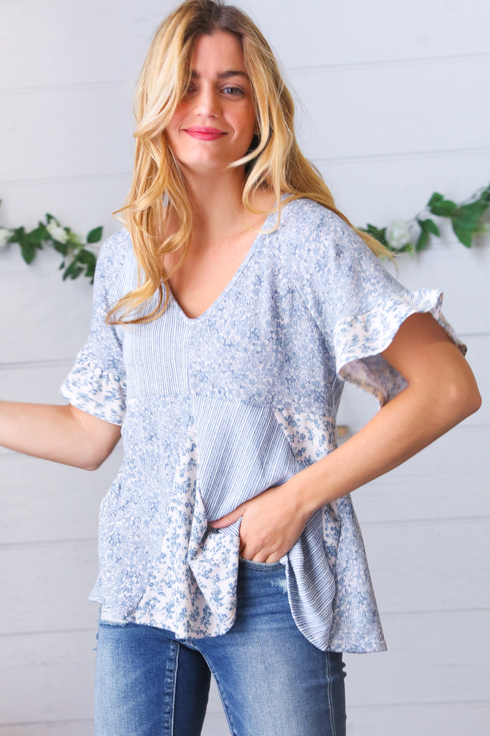 Light Blue French Terry Floral Ruffle Sleeve Top