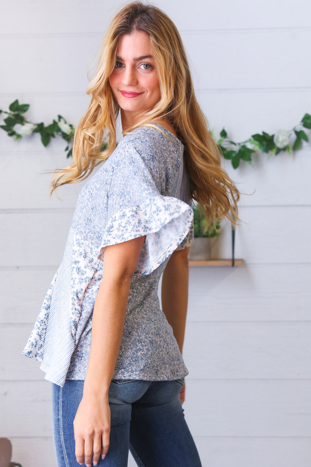 Light Blue French Terry Floral Ruffle Sleeve Top